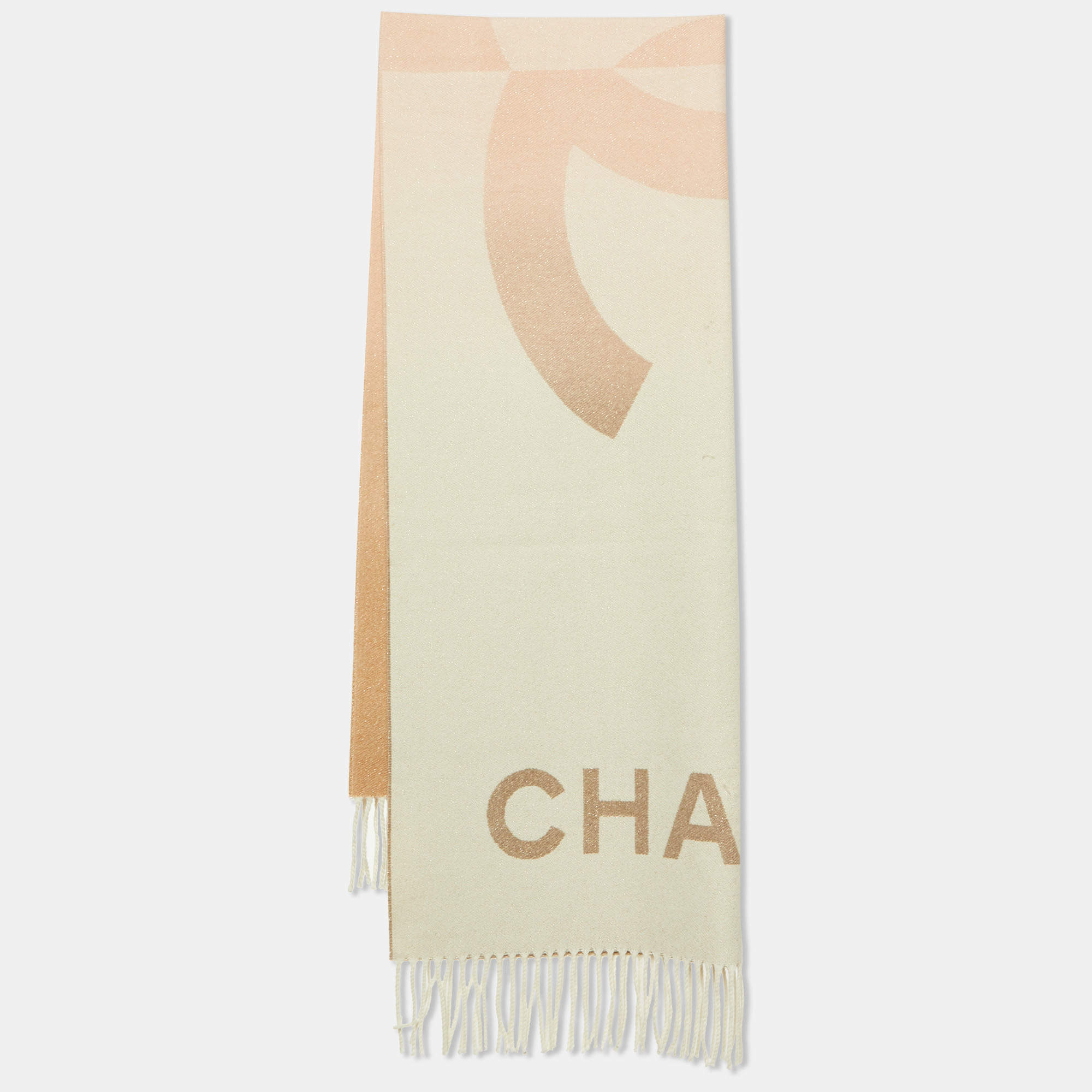 Pre Owned Chanel Beige/Pink Ombre CC Lurex Cashmere Fringed Muffler