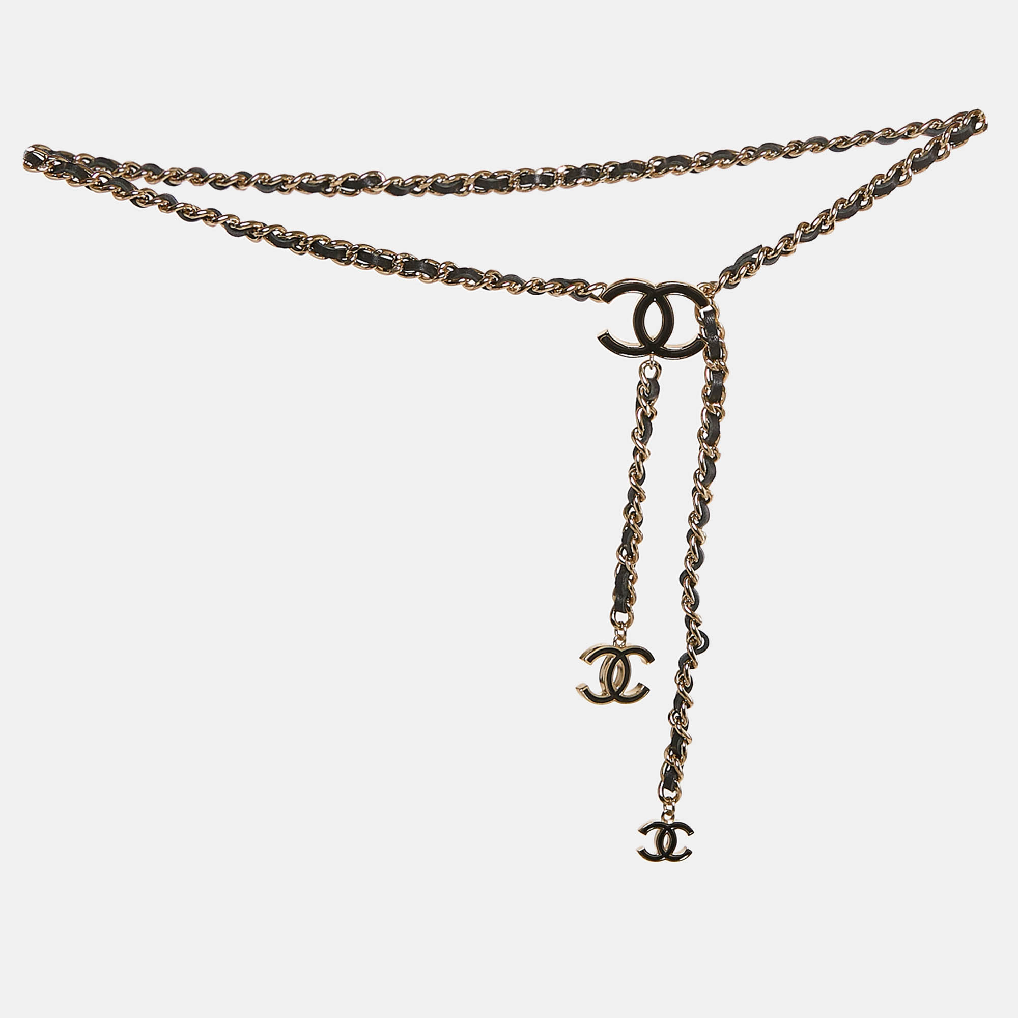 Chanel CC Black Leather CC Charm Gold Tone Chain Belt