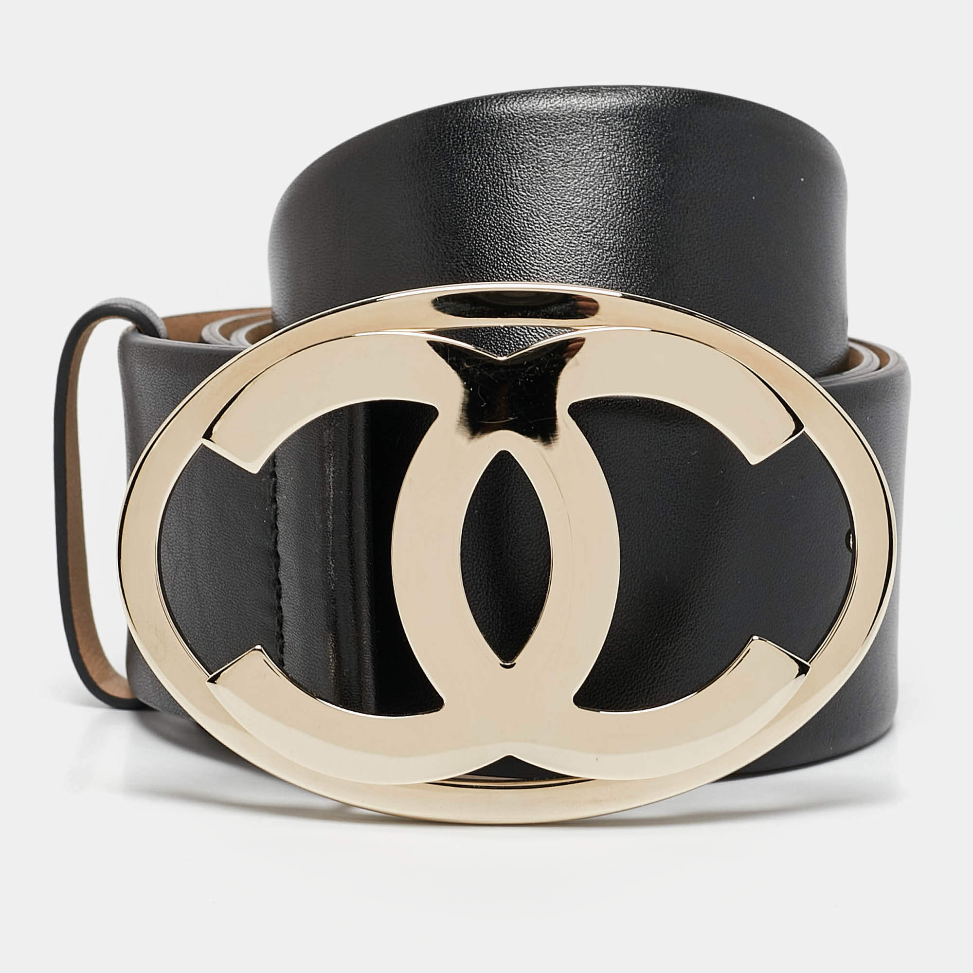 Chanel Black Leather Interlocking CC Buckle Belt 80 CM