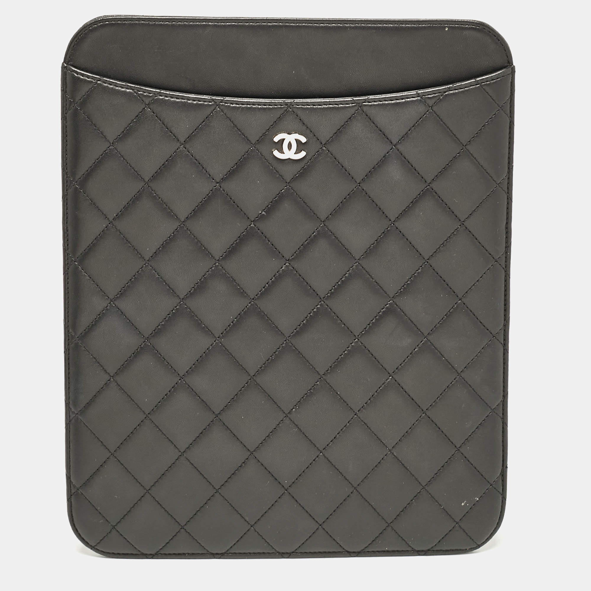 Pre Owned Chanel Black Quilted Leather CC iPad Case