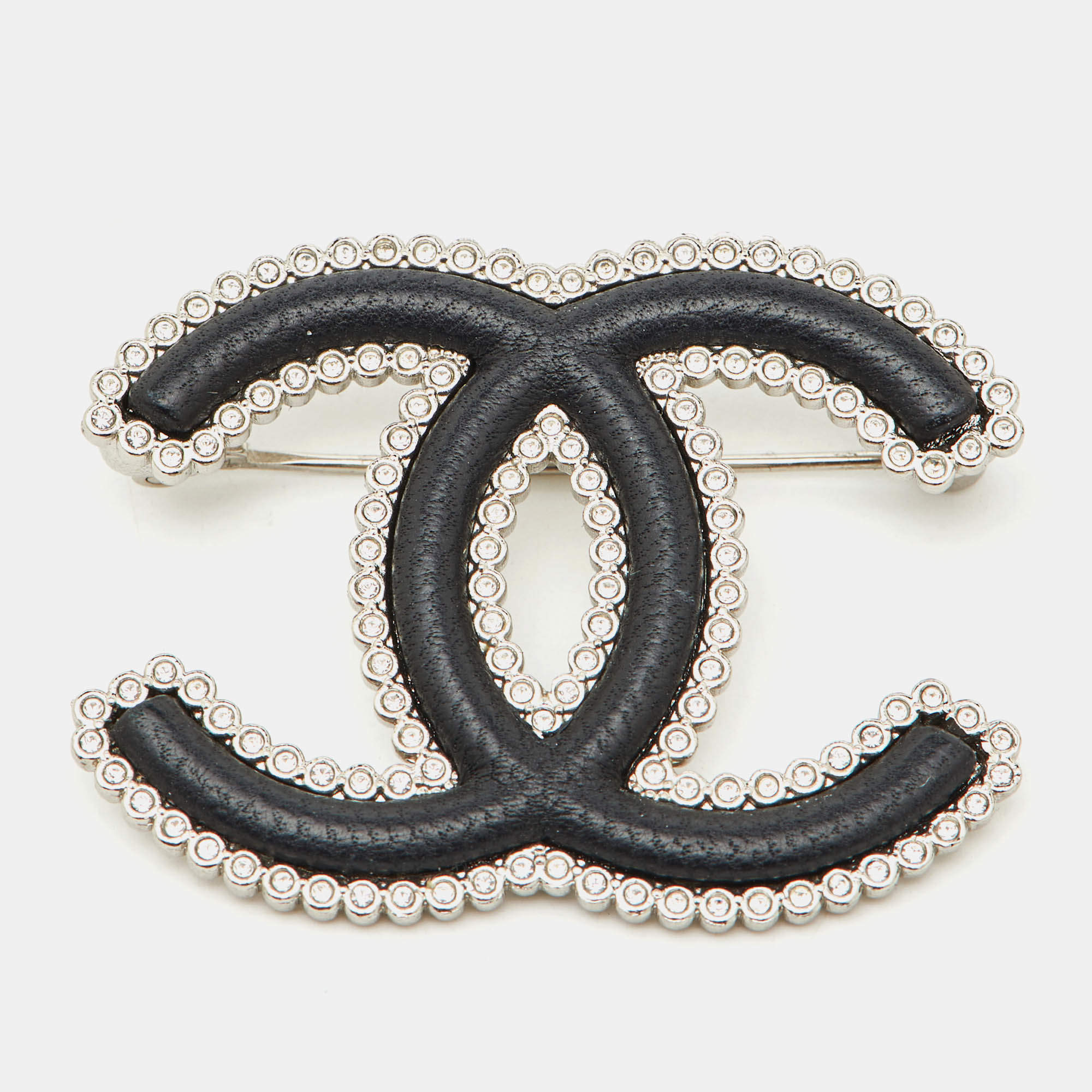 Pre Owned Chanel CC Crystal Leather Silver Tone Pin Brooch
