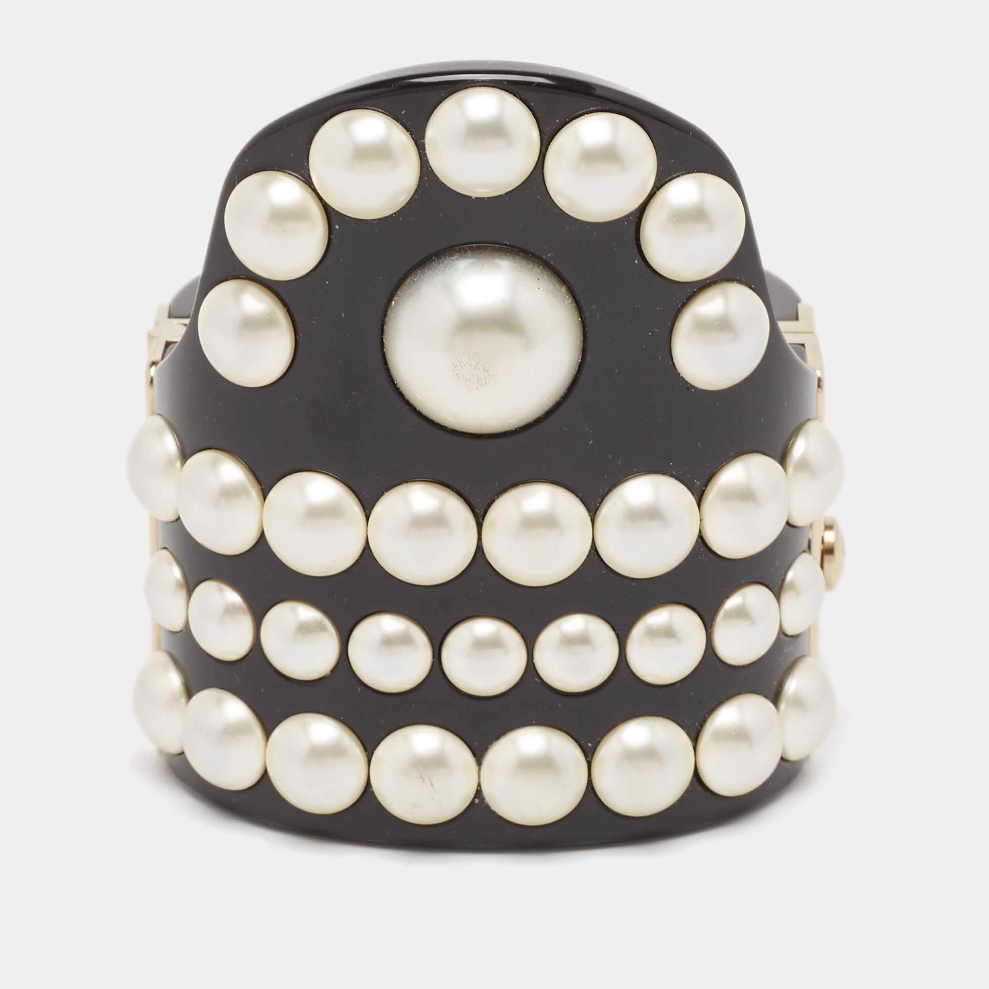 Pre Owned Chanel CC Black Resin Faux Pearl Gold Tone Cuff Bracelet