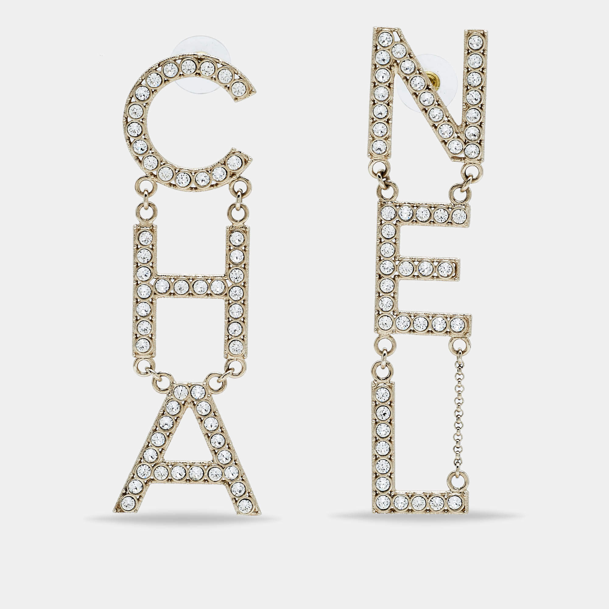 Pre Owned Chanel Letter Logo Crystals Gold Tone Earrings