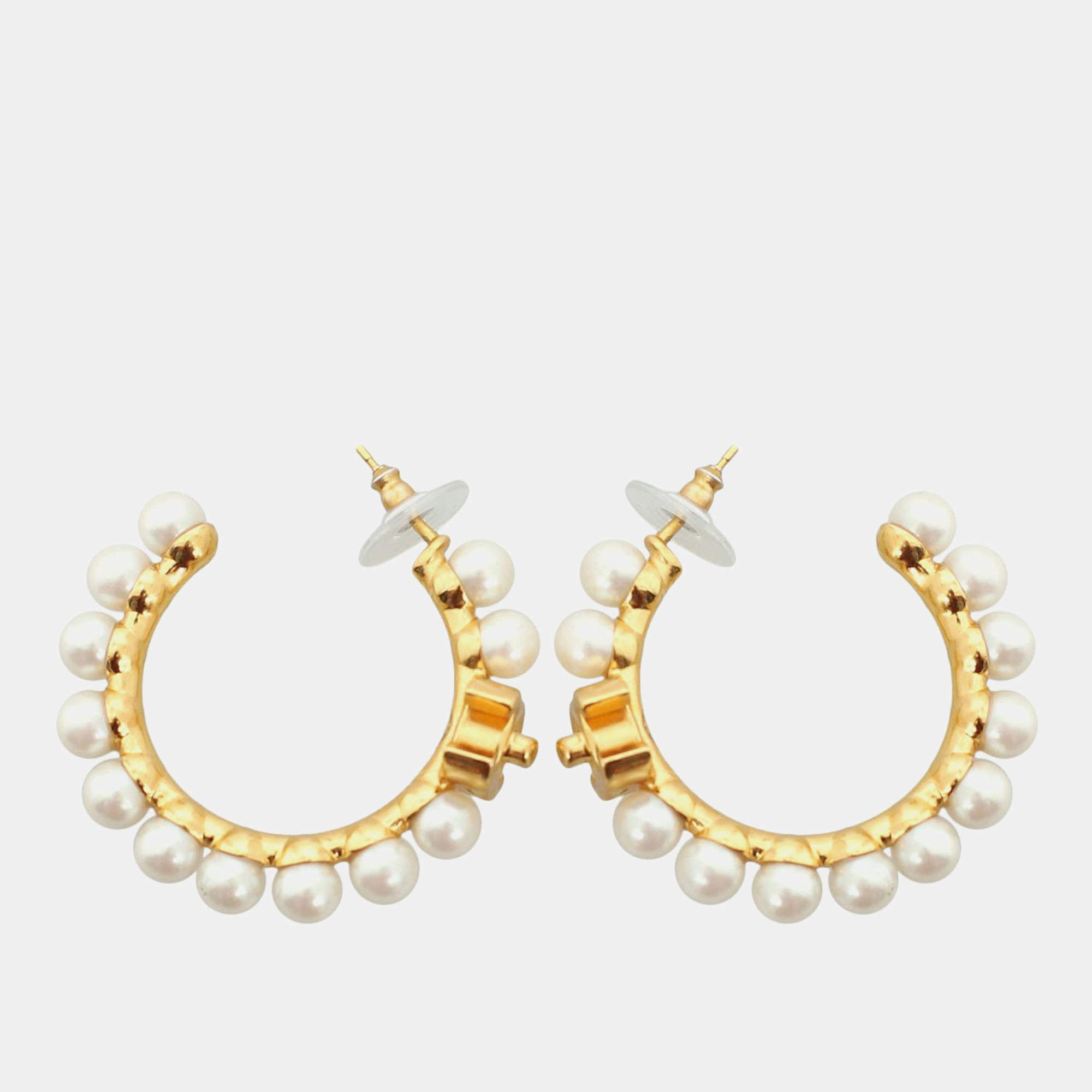 Chanel Cc Pearl Hoop Earrings