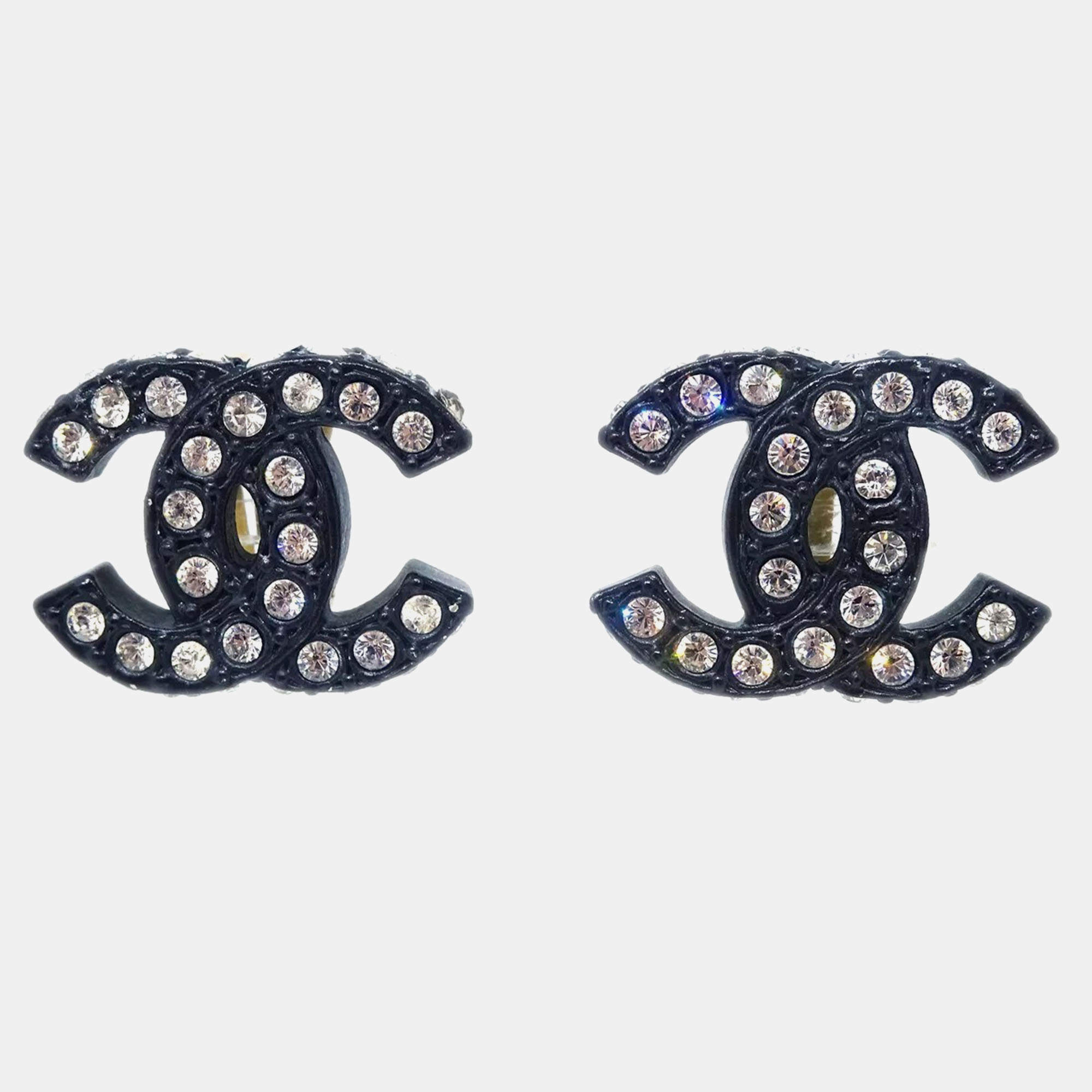Chanel CC Black Rhinestone Clip-On Earrings 