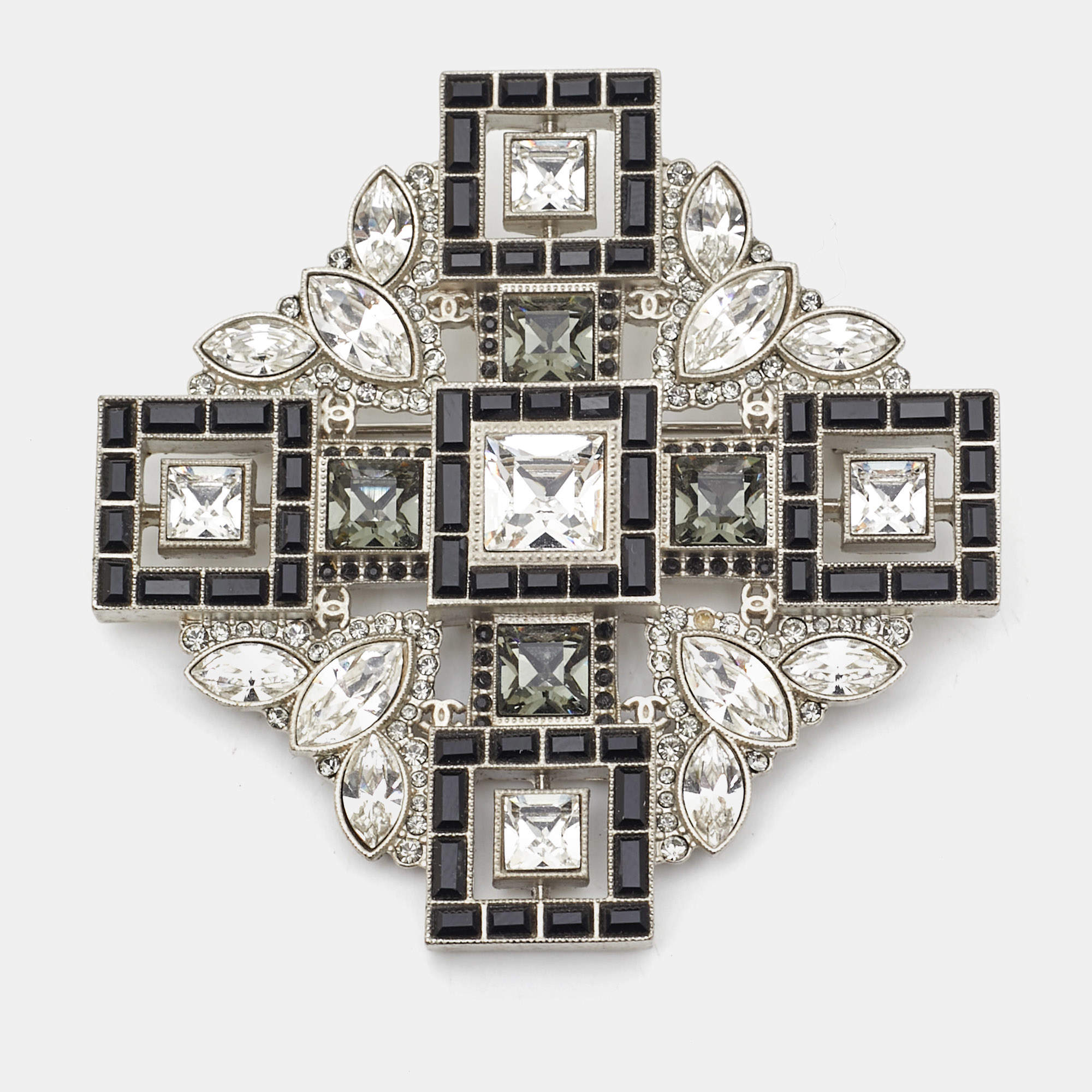 Chanel CC Crystal Silver Tone Brooch