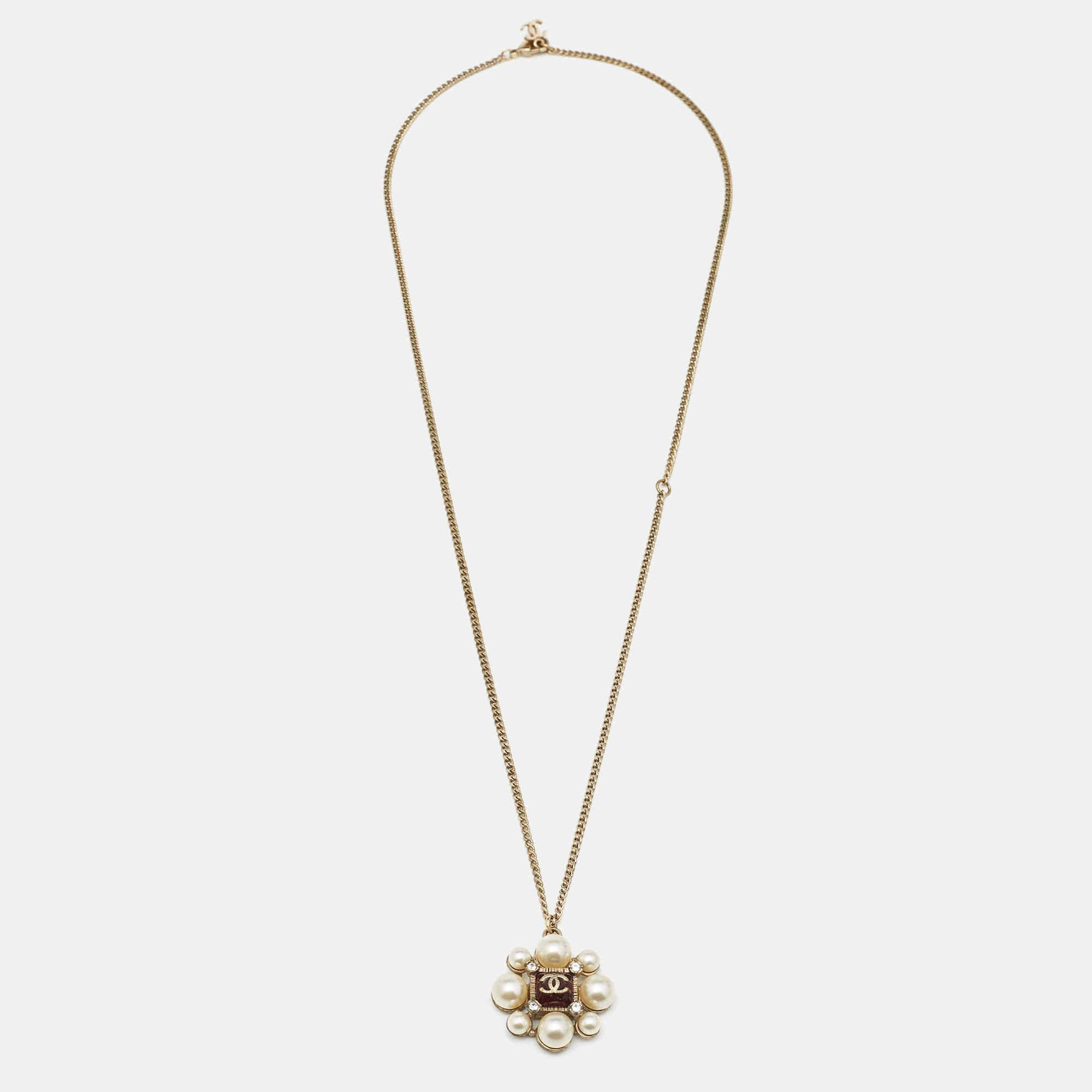 Pre Owned Chanel CC Faux Pearl Resin Crystals Gold Tone Pendant Necklace