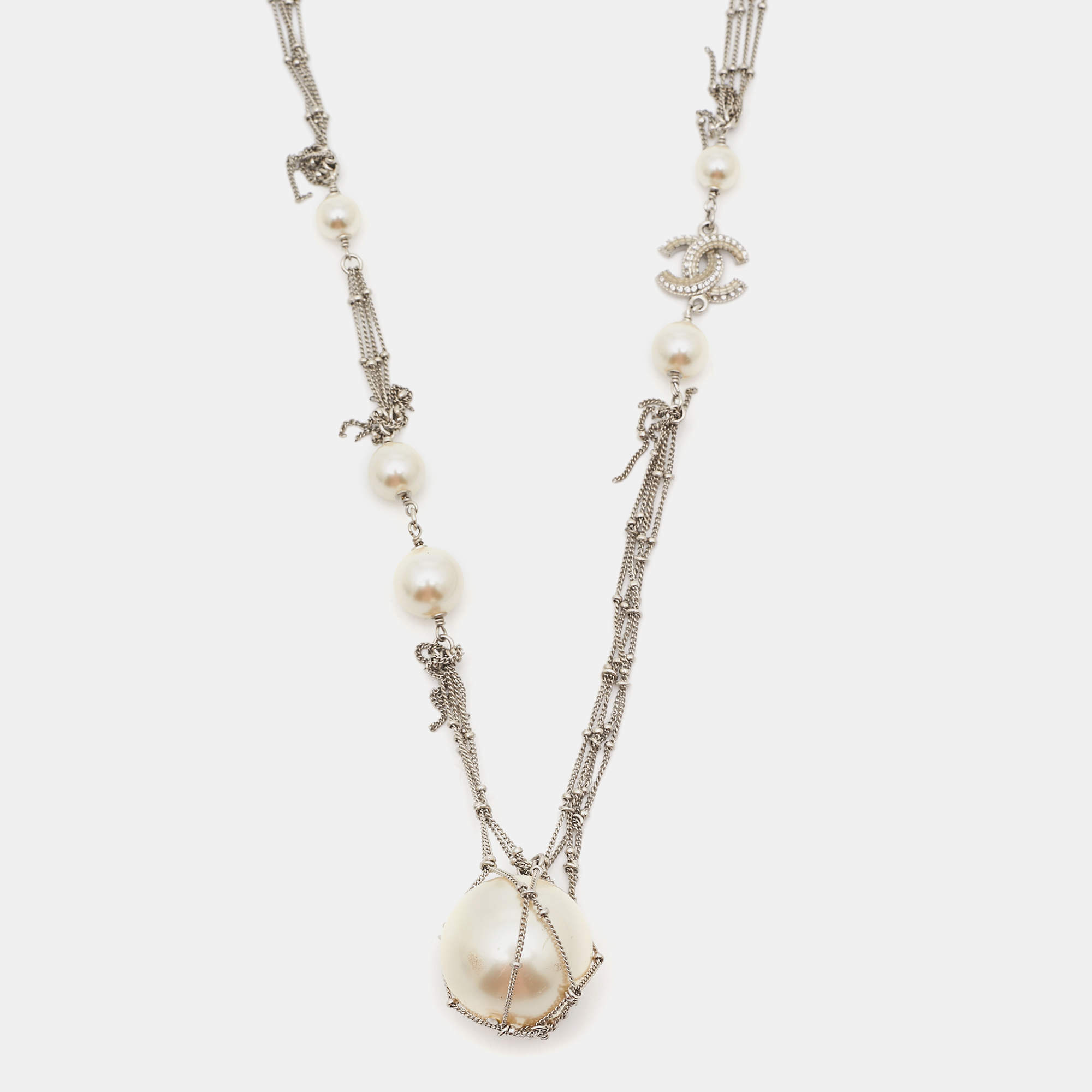 Pre Owned Chanel CC Crystal Silver Tone Charm Faux Pearl Multi Strand Necklace