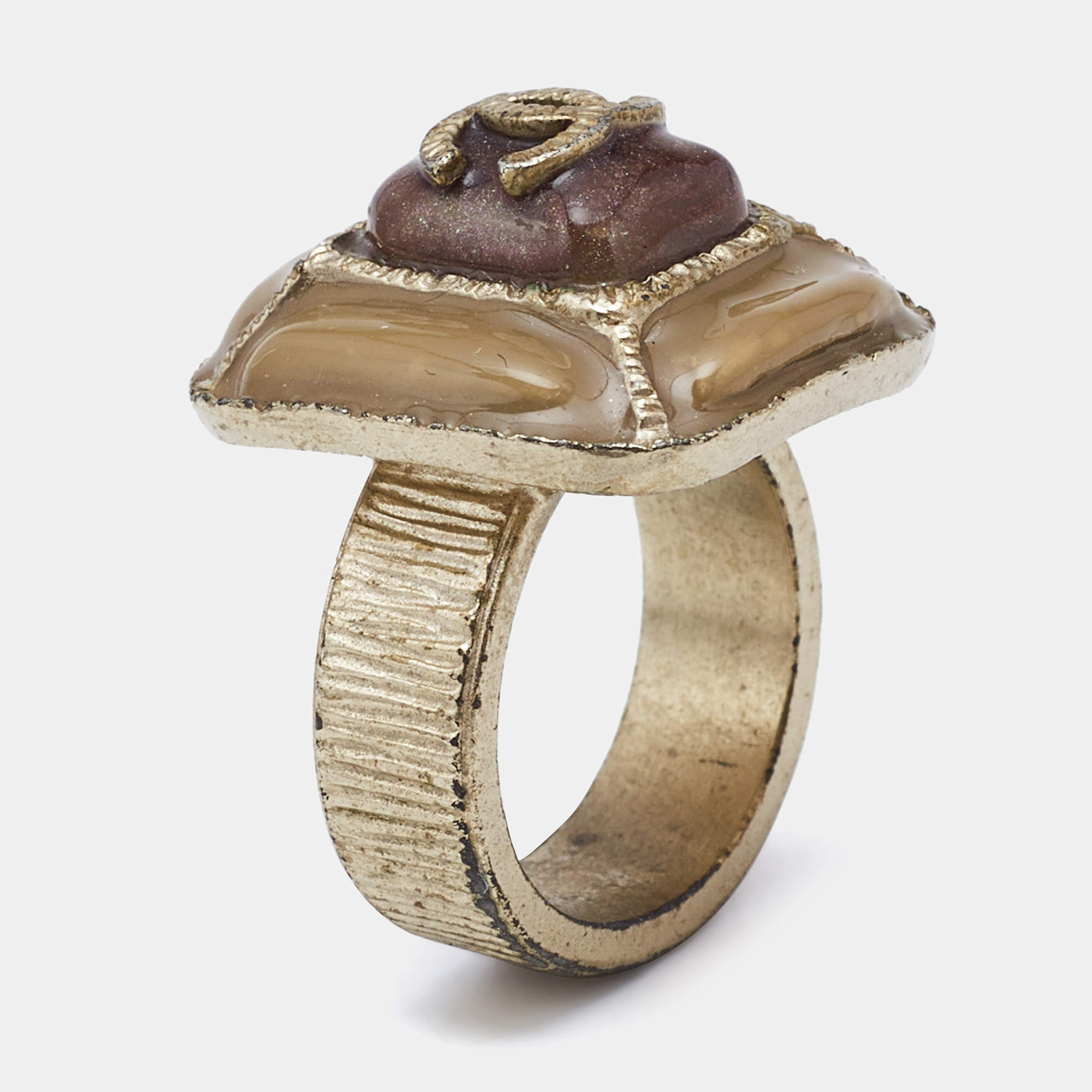 Chanel CC Gold Tone Enamel Cocktail Ring Size 52