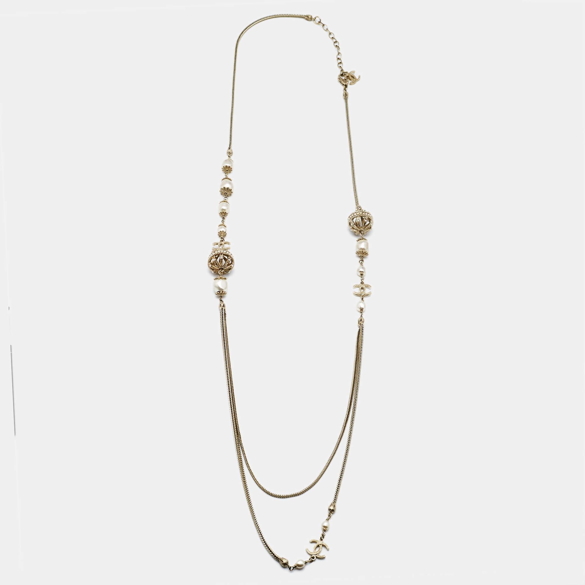 Pre Owned Chanel CC Faux Pearl Gold Tone Long Necklace