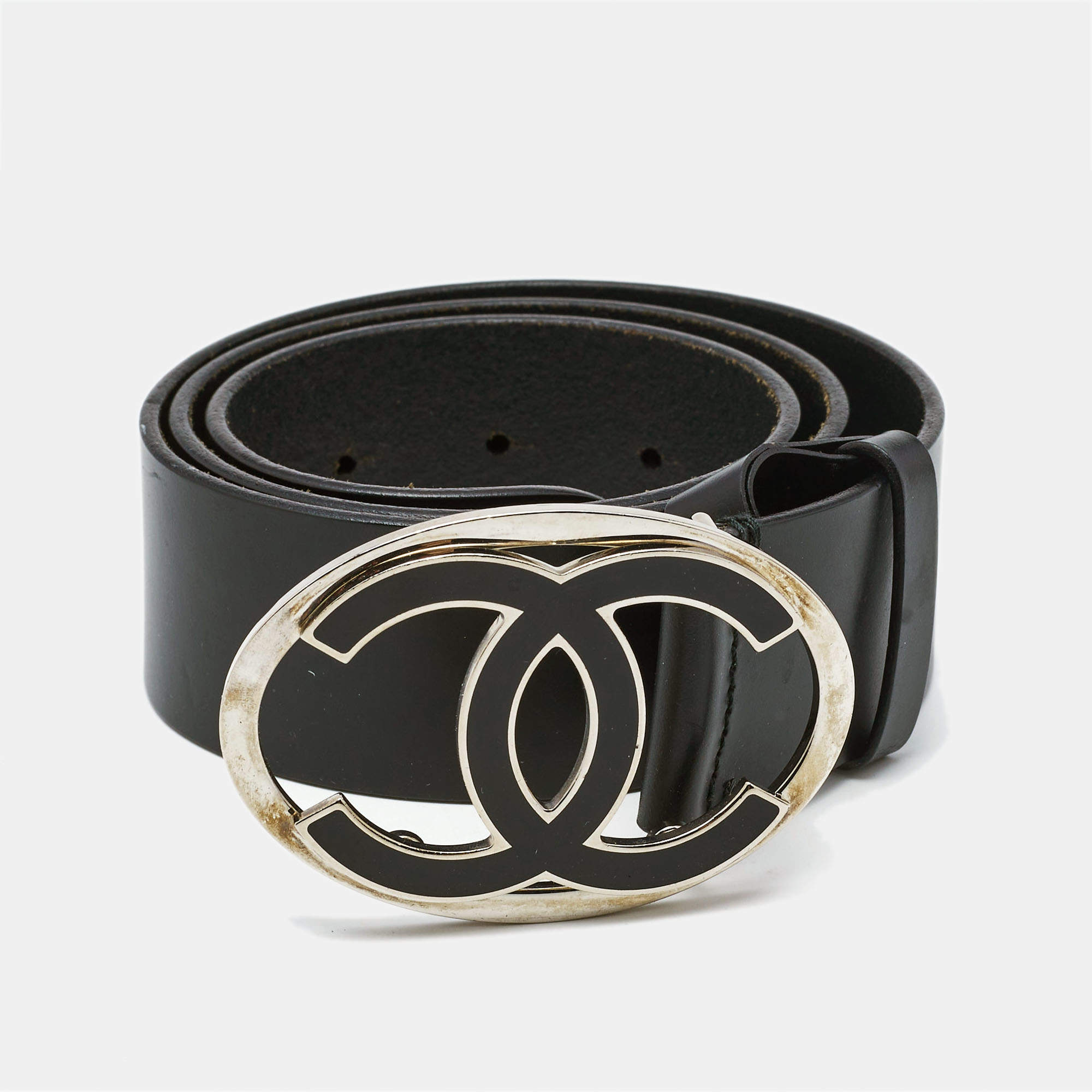Chanel Black Leather CC Oval Buckle Belt 80CM