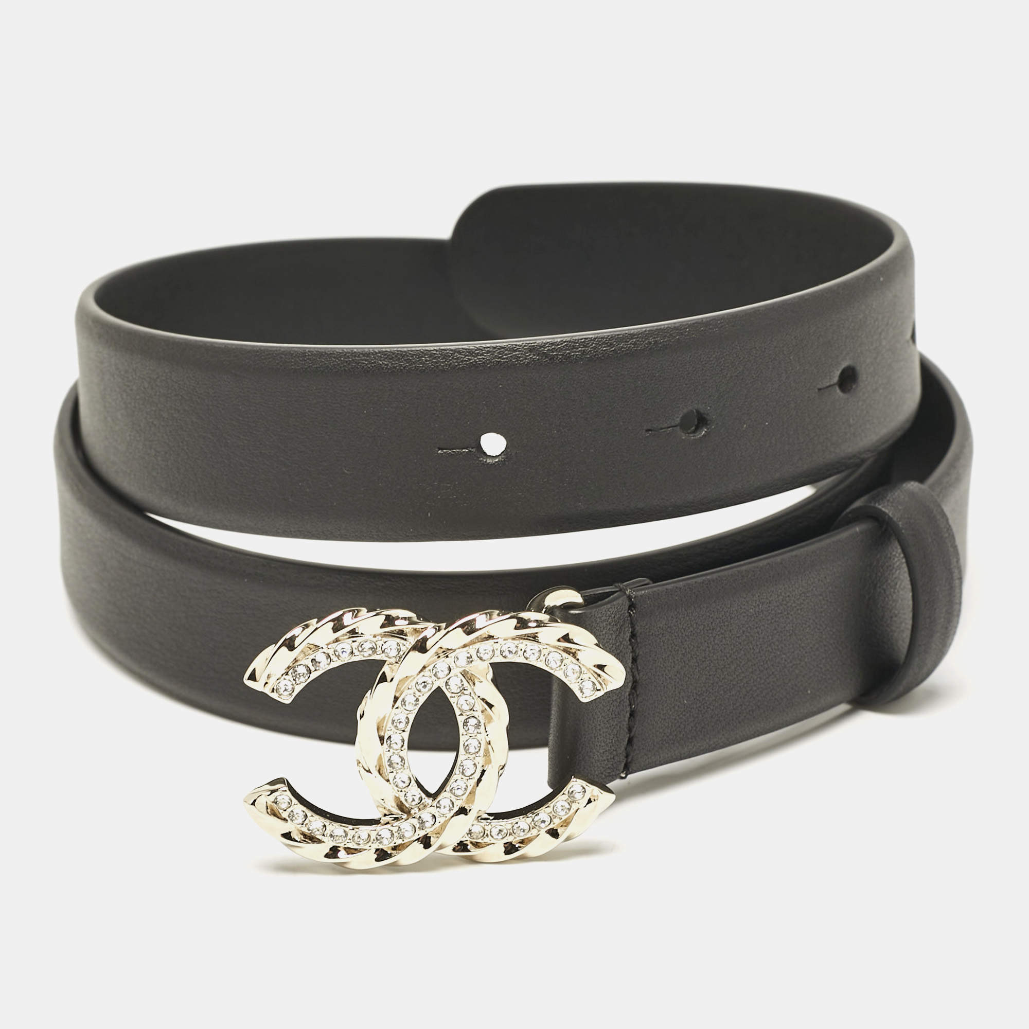 Pre Owned Chanel Black Leather CC Crystals Belt 80CM