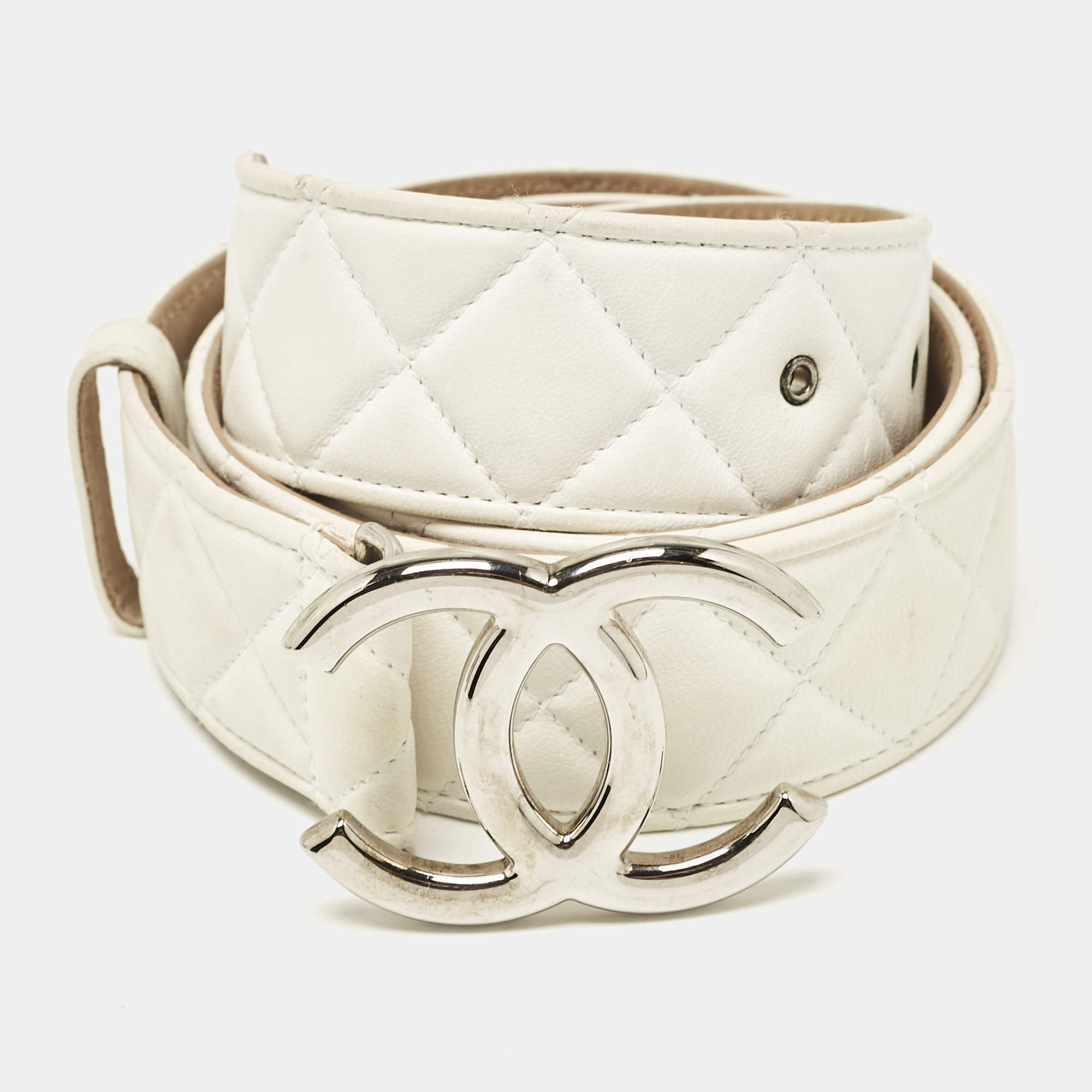 Pre Owned Chanel White Quilted Leather CC Belt 85CM
