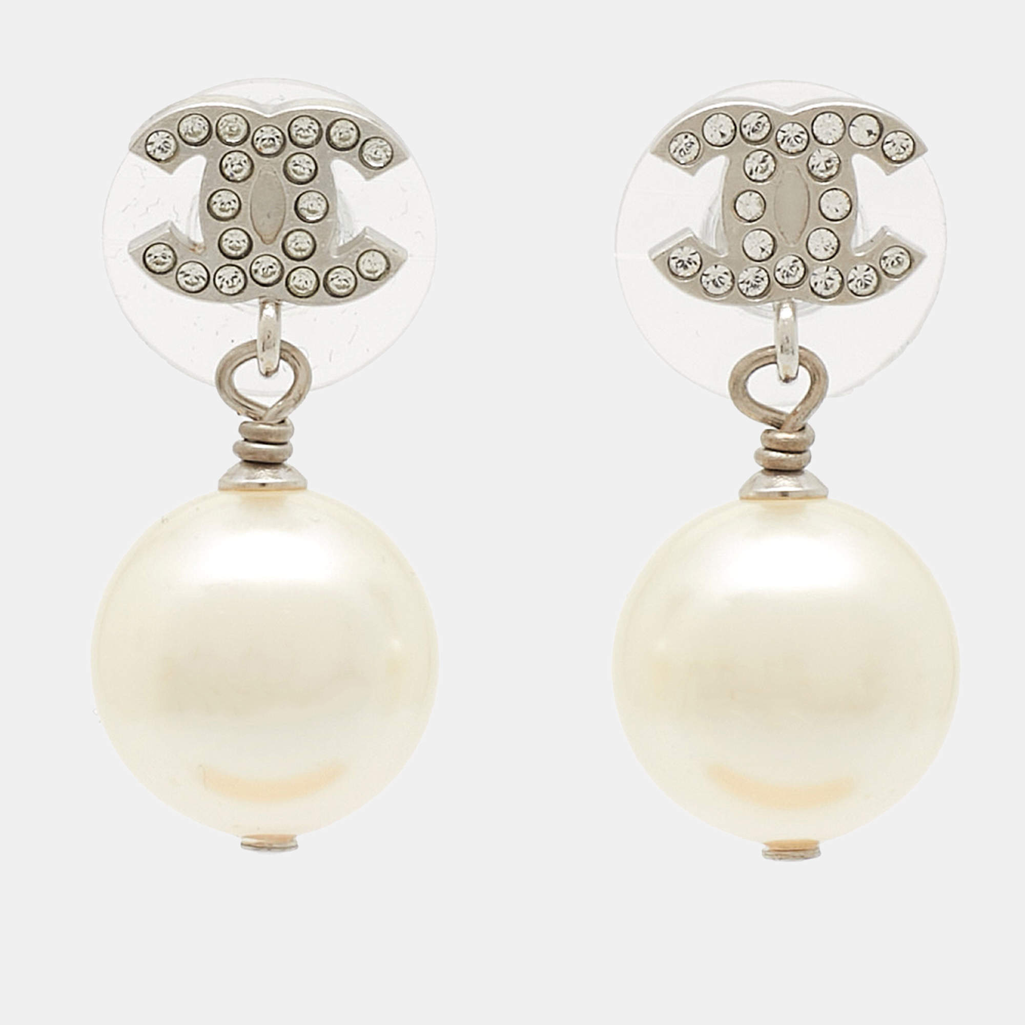 Pre Owned Chanel CC Crystal Embellished Faux Pearl Silver Tone Drop Earrings