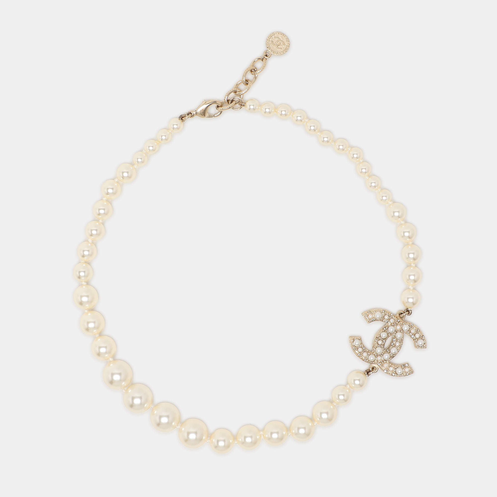 Pre Owned Chanel CC 100th Anniversary Faux Pearl Crystal Gold Tone Necklace