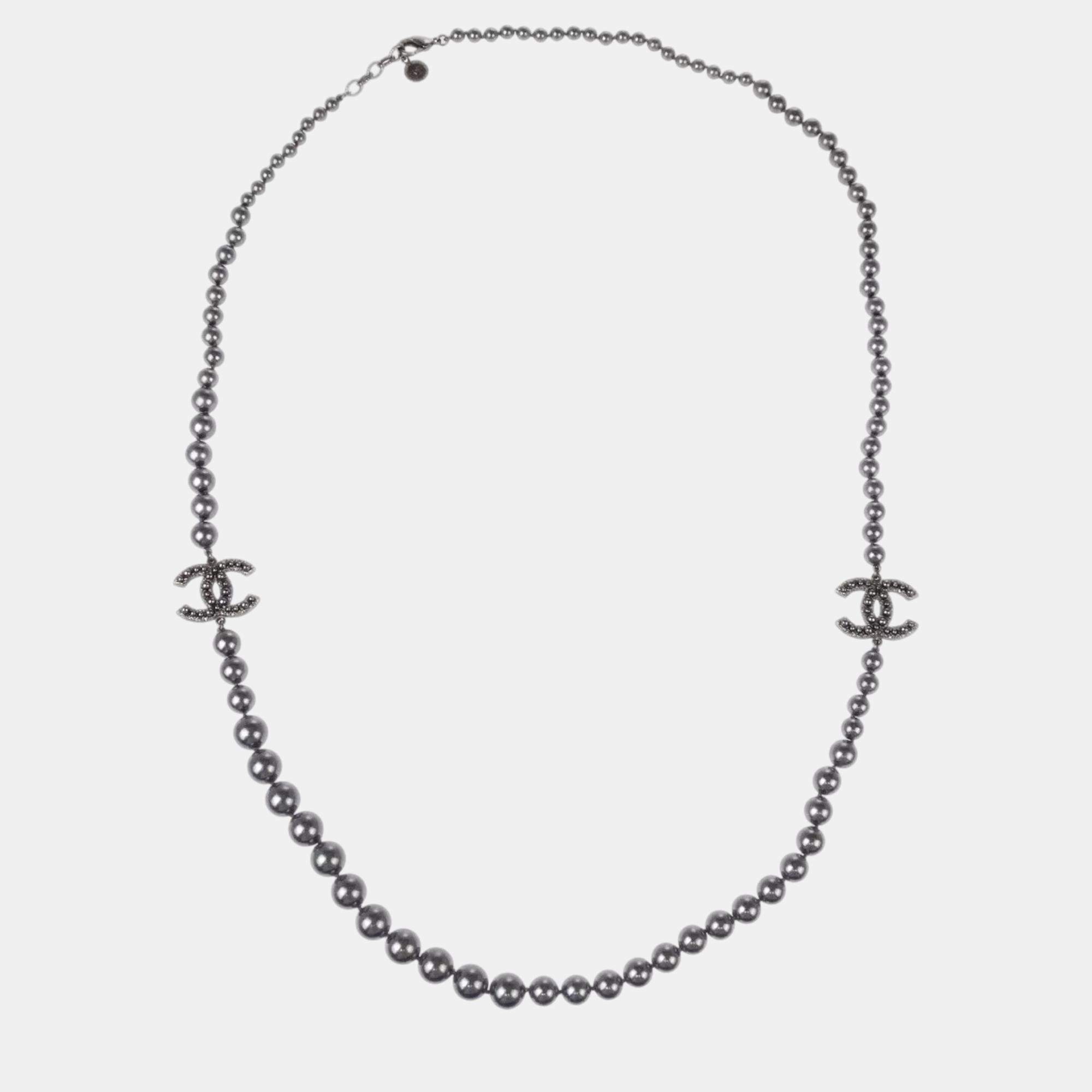 Chanel Silver Artificial Pearl Chain Necklace 