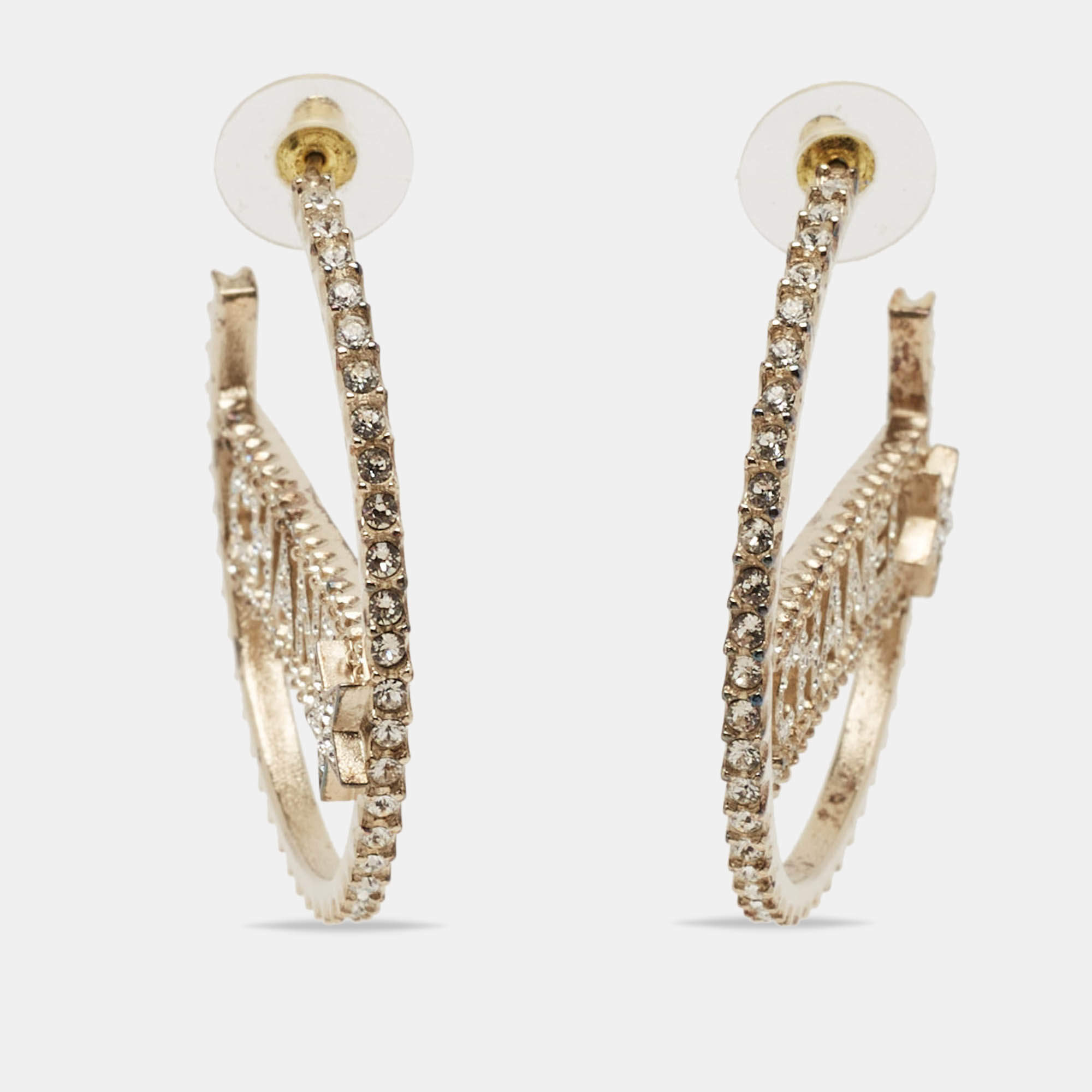 Chanel Strass Crystals Gold Tone Hoop Earrings