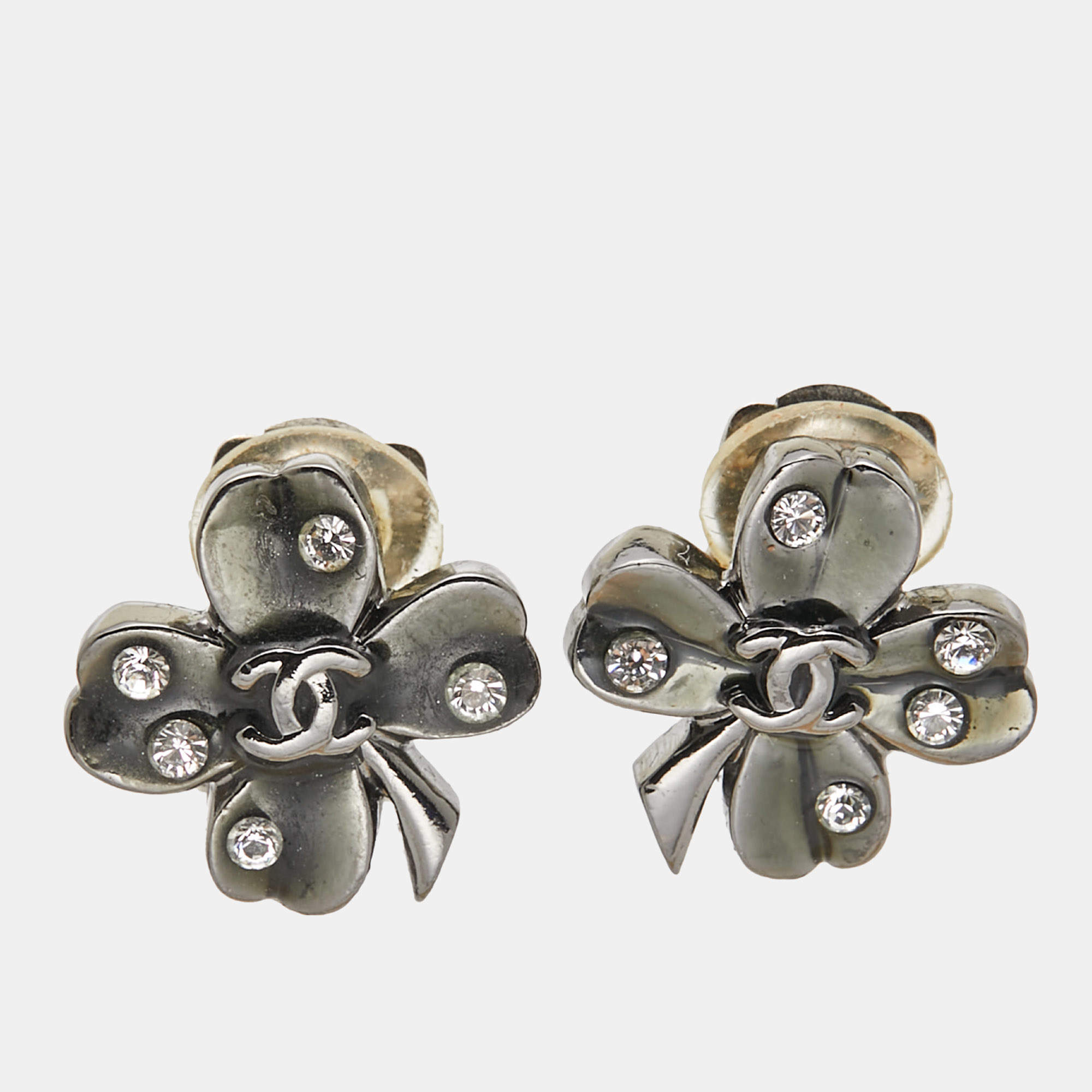 Chanel  CC Clover Leaf Crystals Gunmetal Tone Clip On Earrings