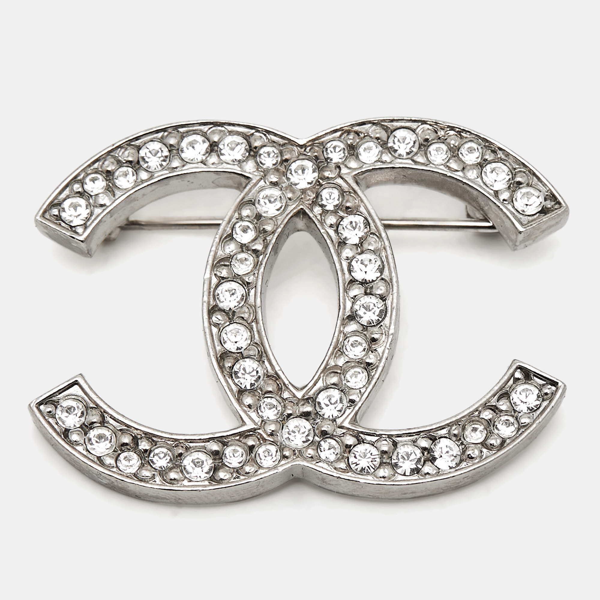 Pre Owned Chanel CC Crystals Silver Tone Brooch