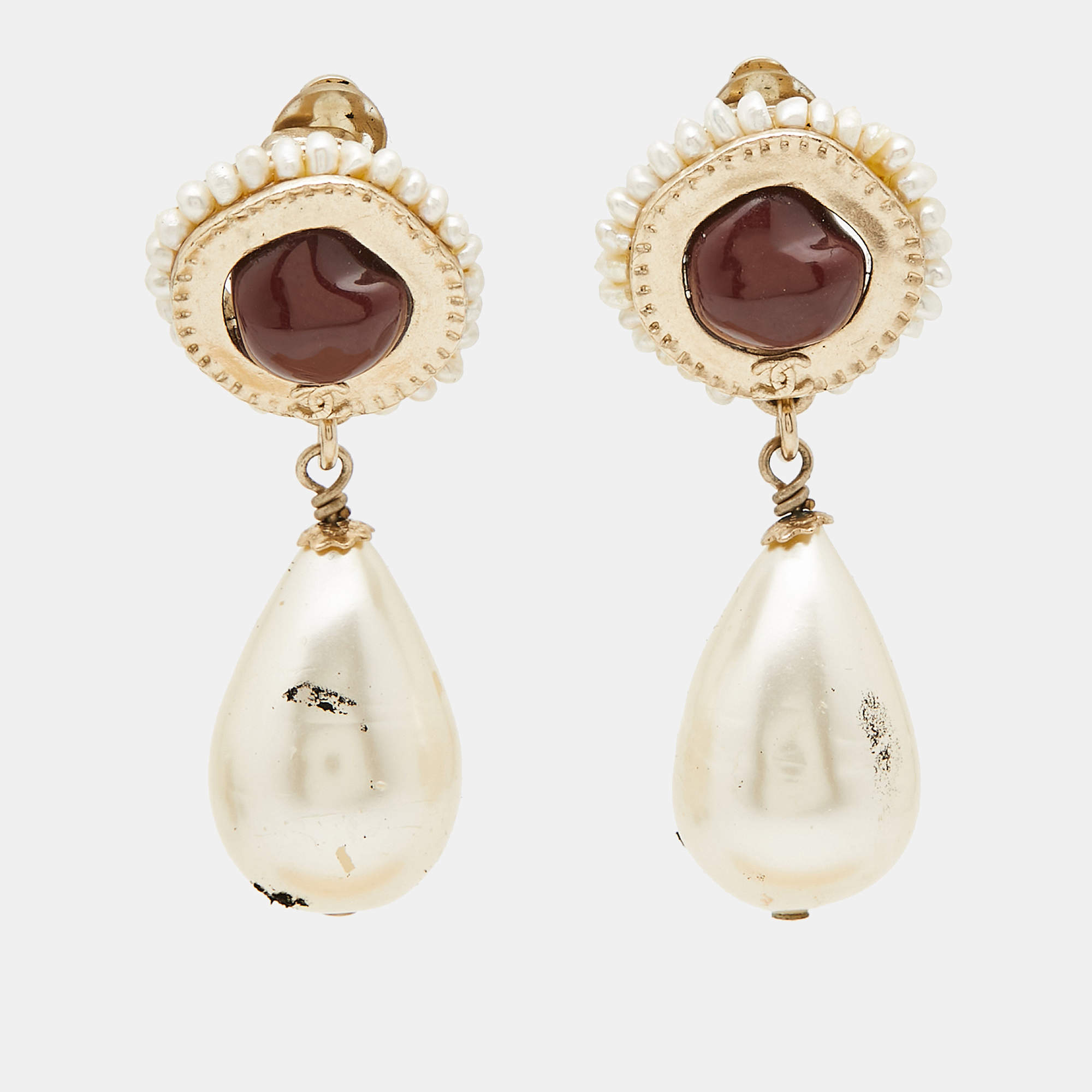 Pre Owned Chanel CC Resin Faux Pearl Gold Tone Dangle Earrings