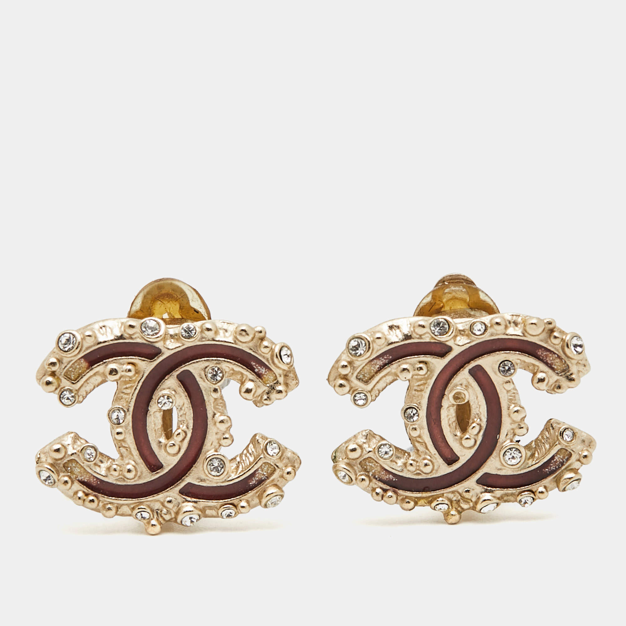 Pre Owned Chanel CC Enamel Crystals Gold Tone Earrings