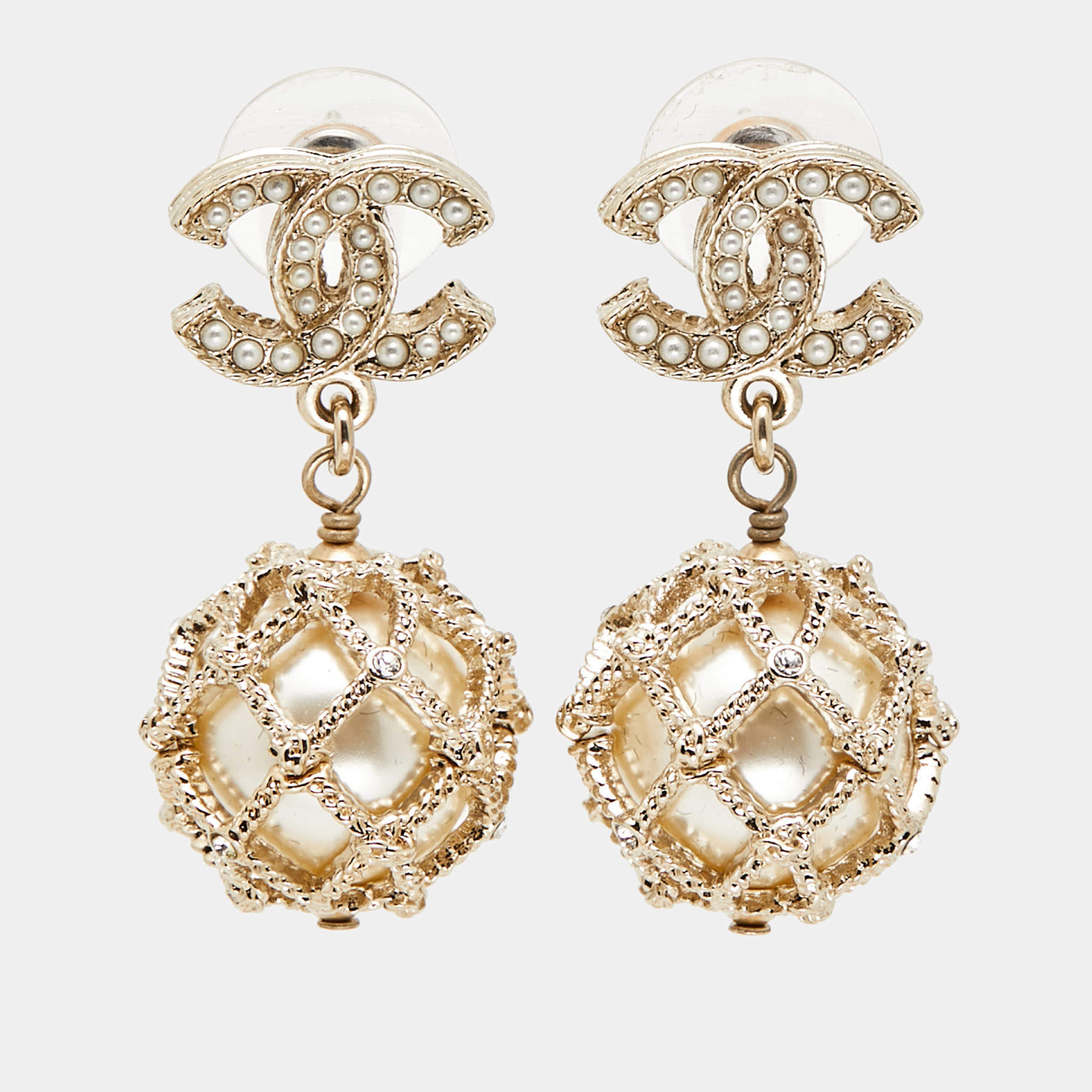 Pre Owned Chanel Caged Faux Pearl Crystals Gold Tone Drop Earrings