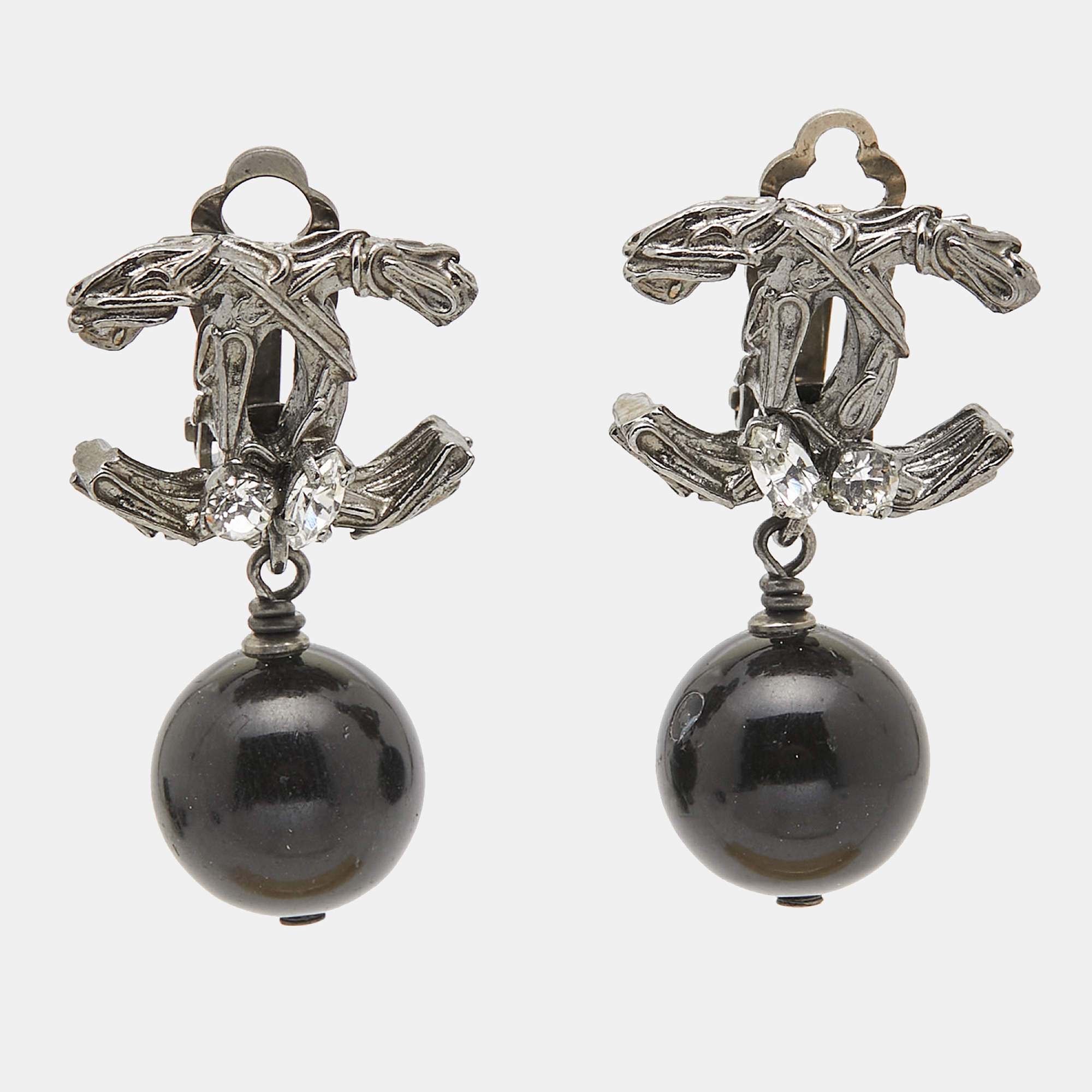 Pre Owned Chanel CC Beads Crystals Gunmetal Tone Earrings