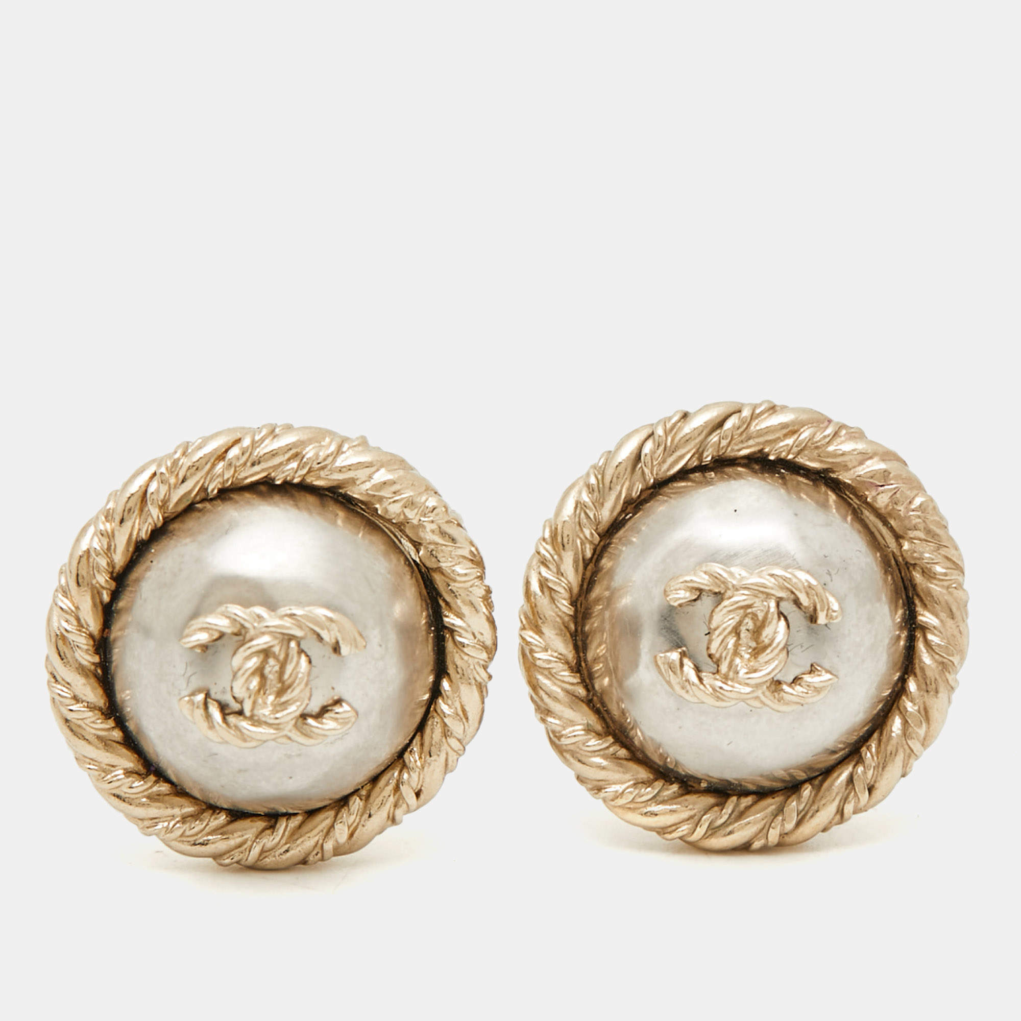 Pre Owned Chanel CC Dome Two Tone  Clip-On Earrings