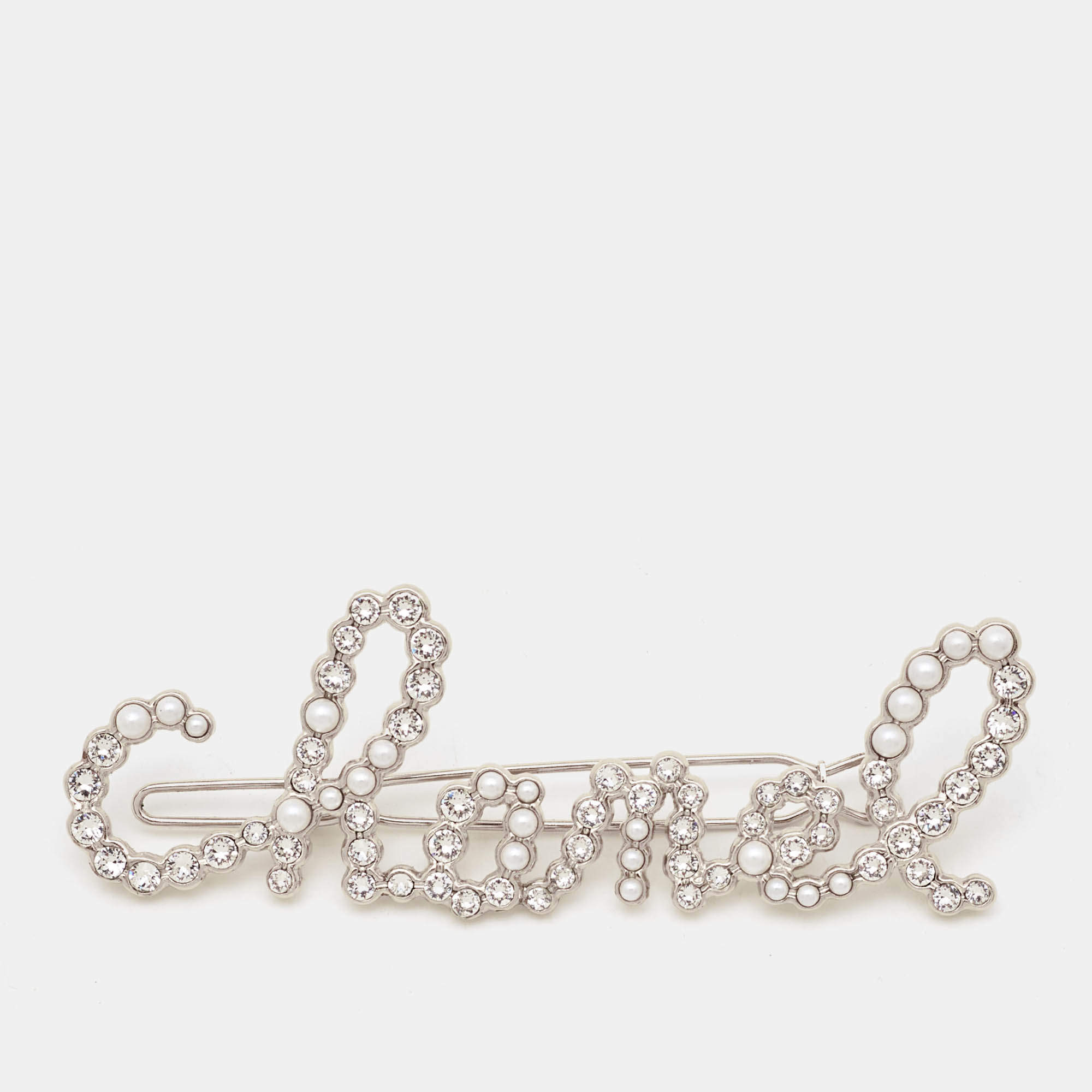 Chanel Logo Crystals Faux Pearl Gold Tone Hair Clip