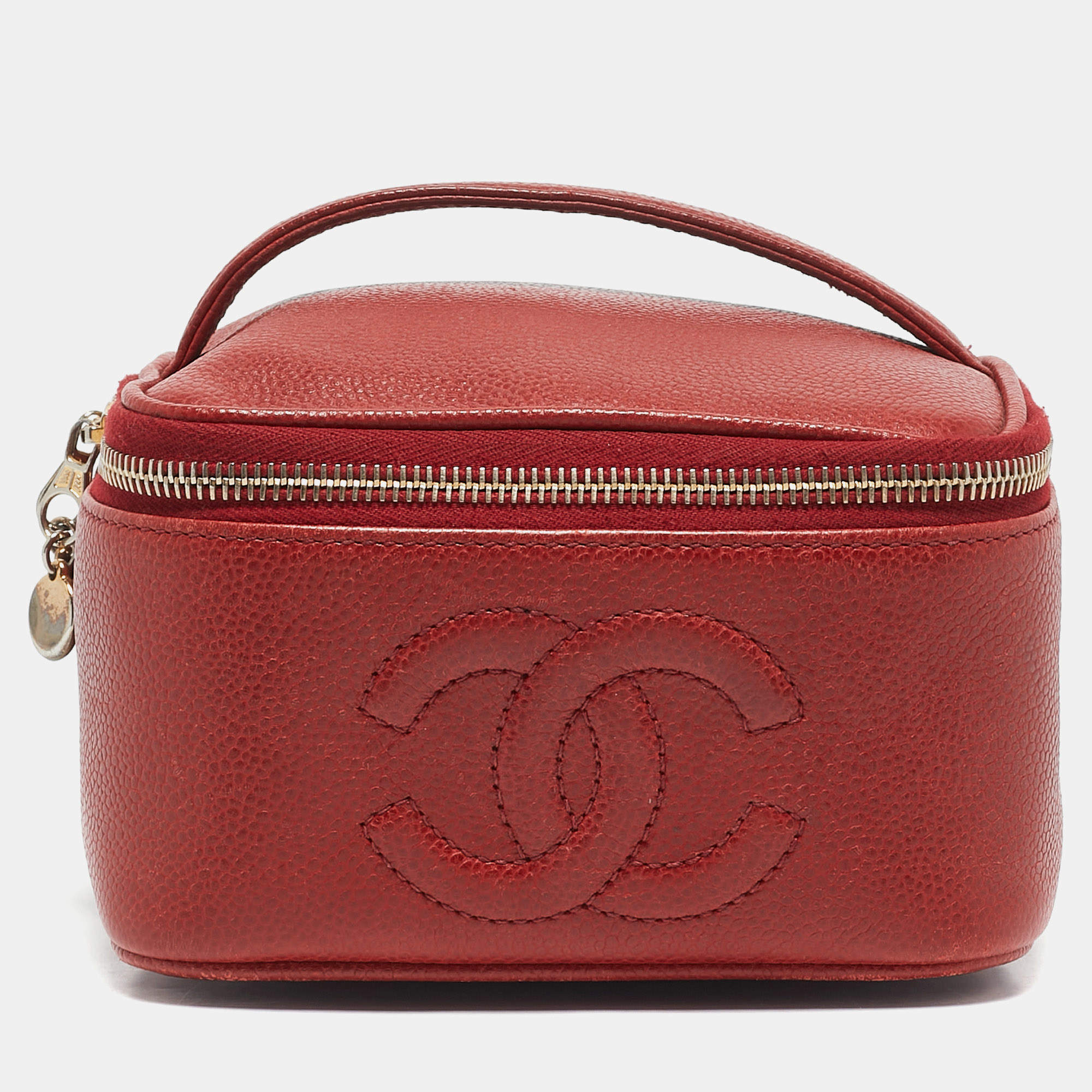 Pre Owned Chanel Red Caviar Leather CC Vintage Vanity Case Bag