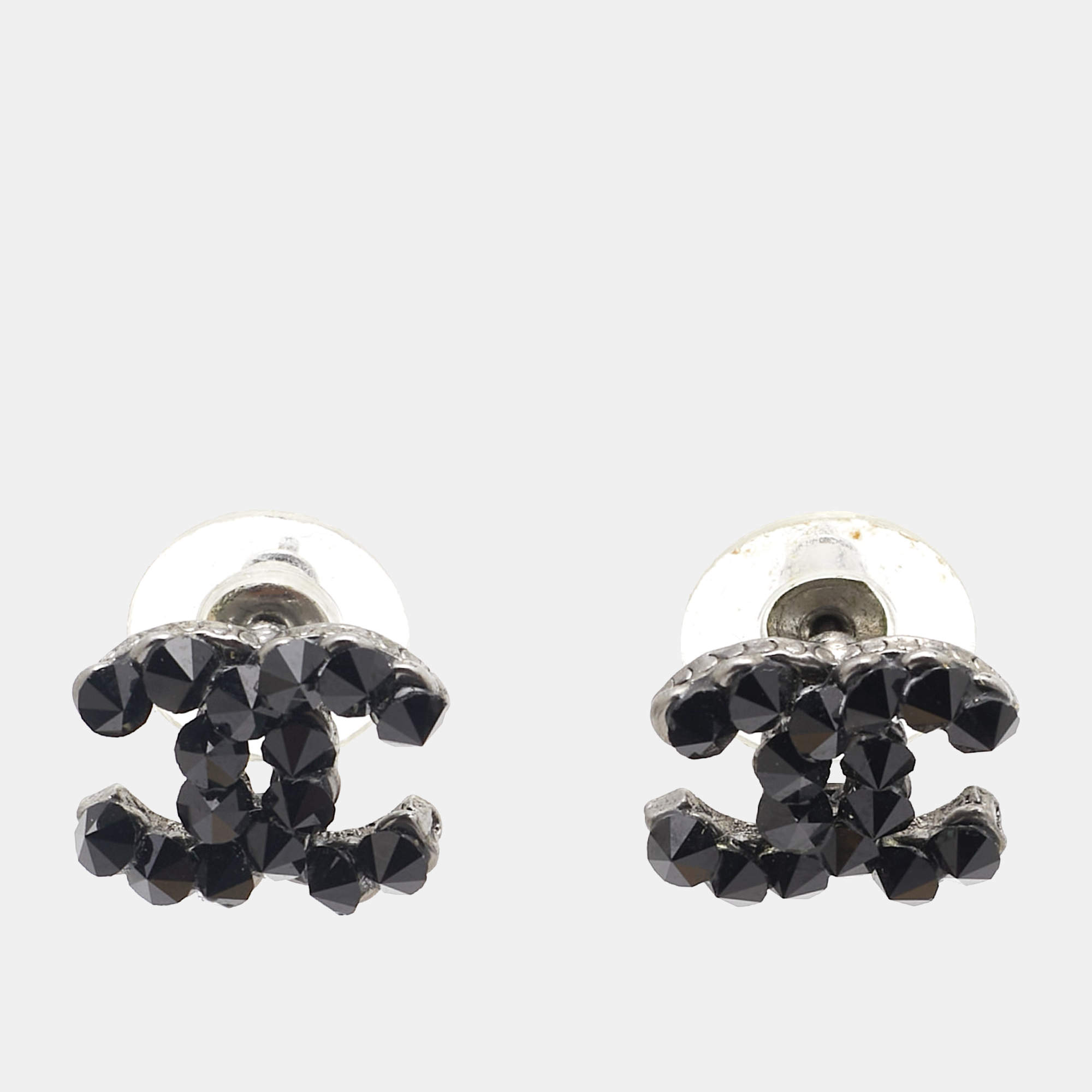 Chanel CC Black Crystal Silver Tone Earrings