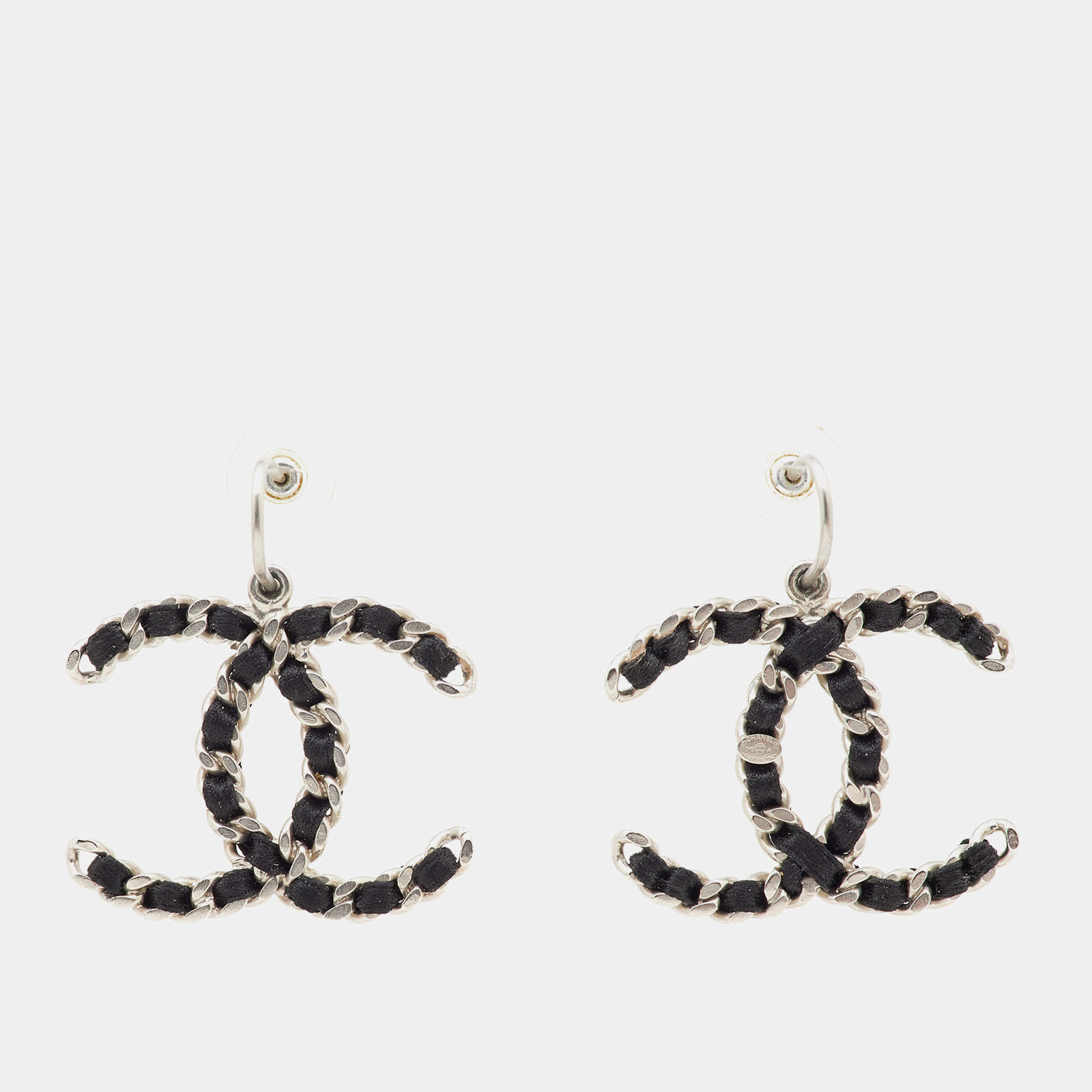 Chanel Black Satin Silver Tone CC Chain Logo Dangle Earrings