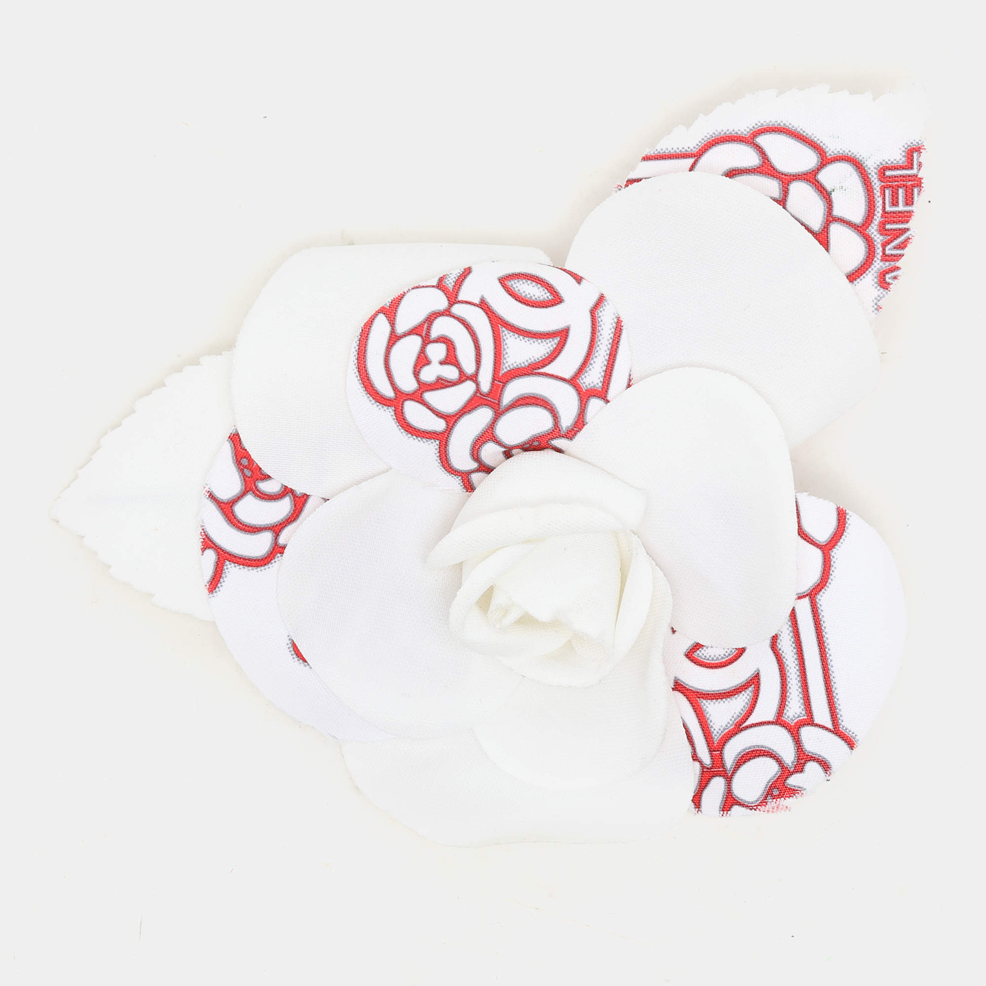 Chanel White/Red Printed Canvas Camellia Brooch