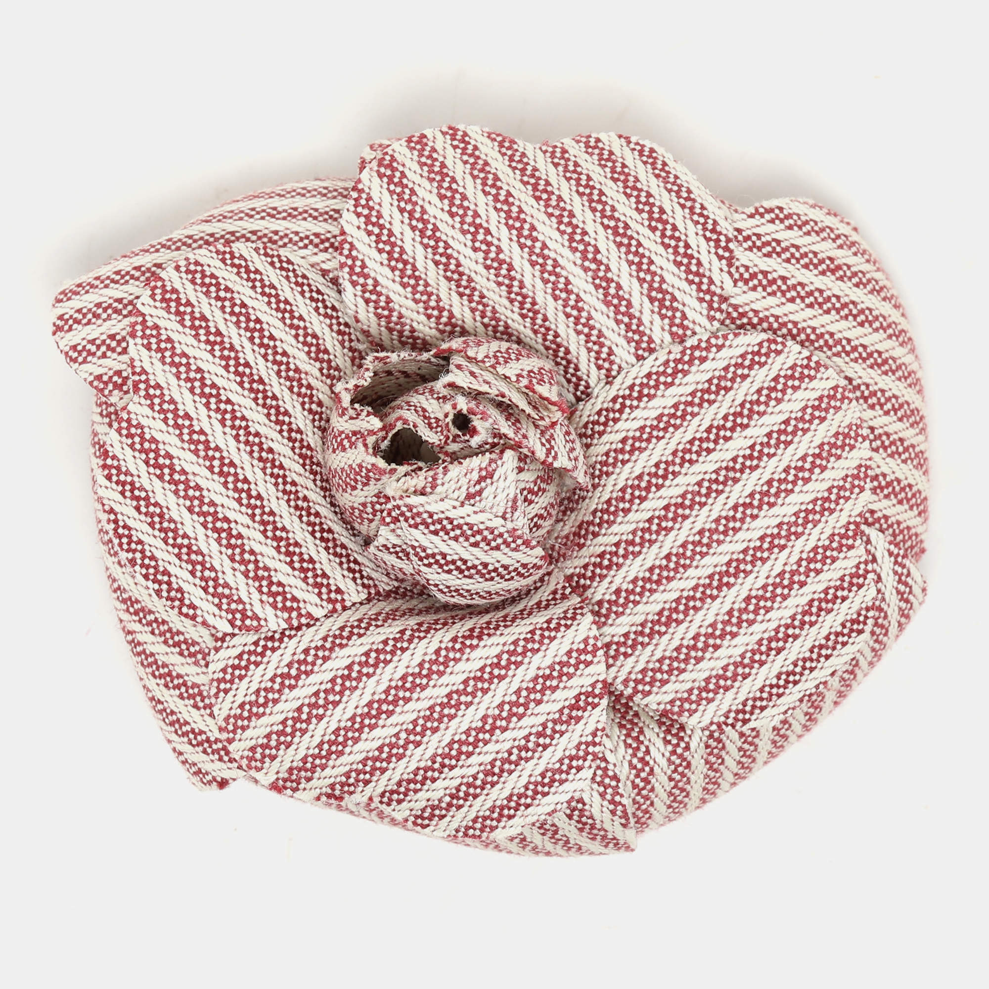 Chanel Red/White Striped Canvas Camelia Brooch