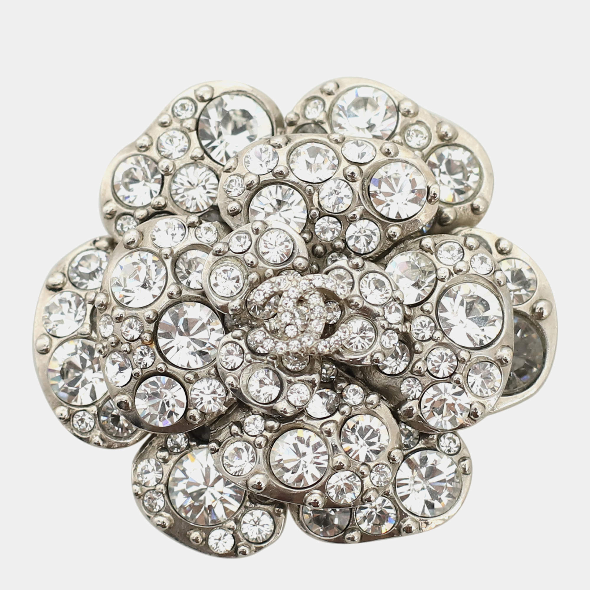 Chanel Silver Metal and Crystal Embellishments Camelia CC Brooch