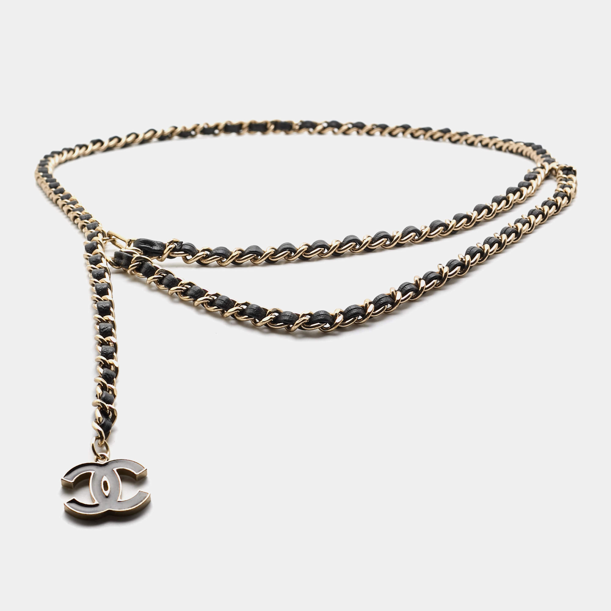 Pre Owned Chanel CC Leather Woven Gold Tone Belt