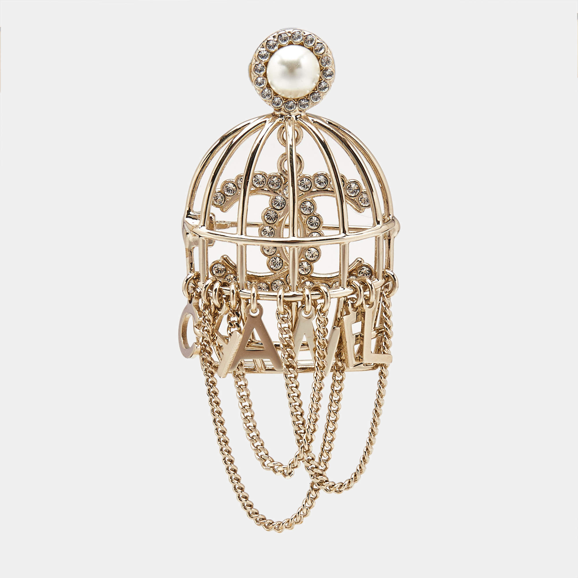Chanel Cage CC Crystal Faux Pearl Gold Tone Brooch