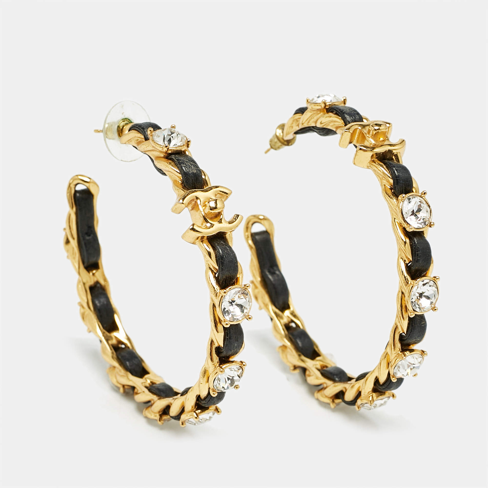 Pre Owned Chanel  CC Leather Crystals Gold Tone Hoop Earrings