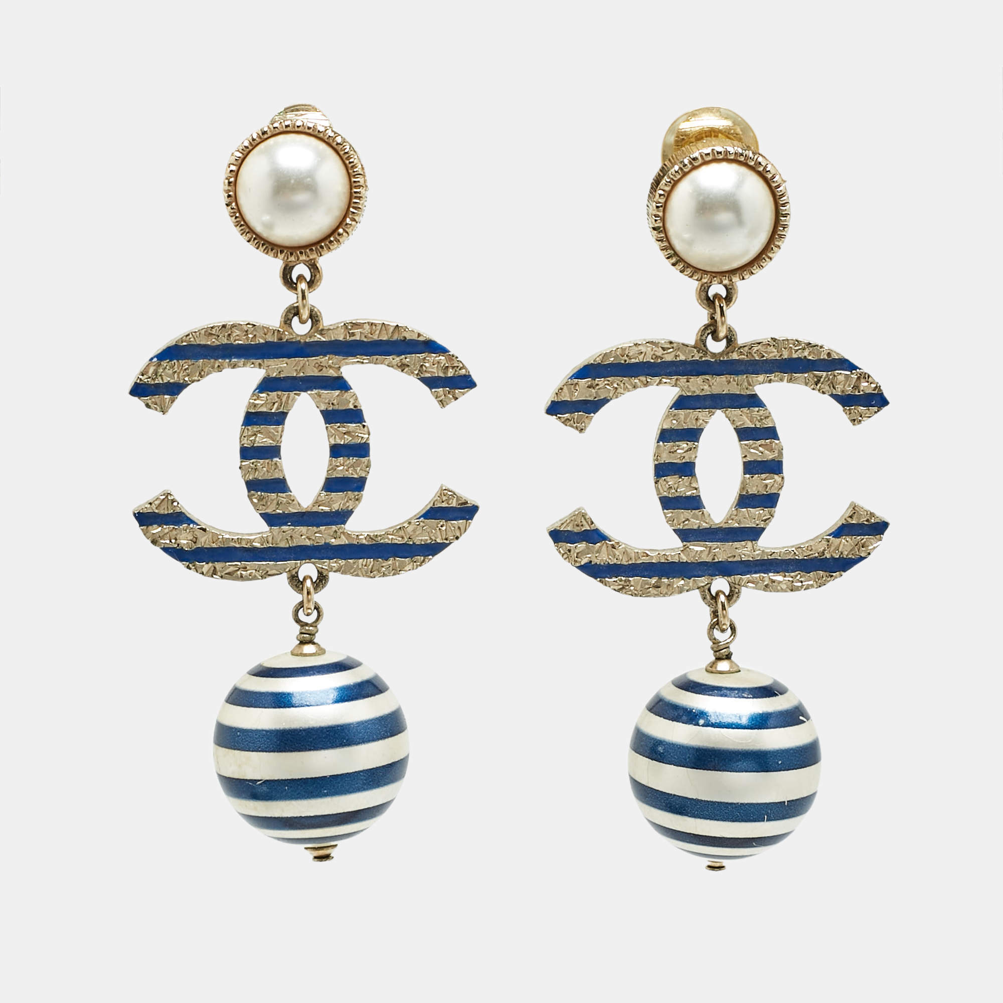 Chanel CC Faux Pearl Enamel Gold Tone Earrings