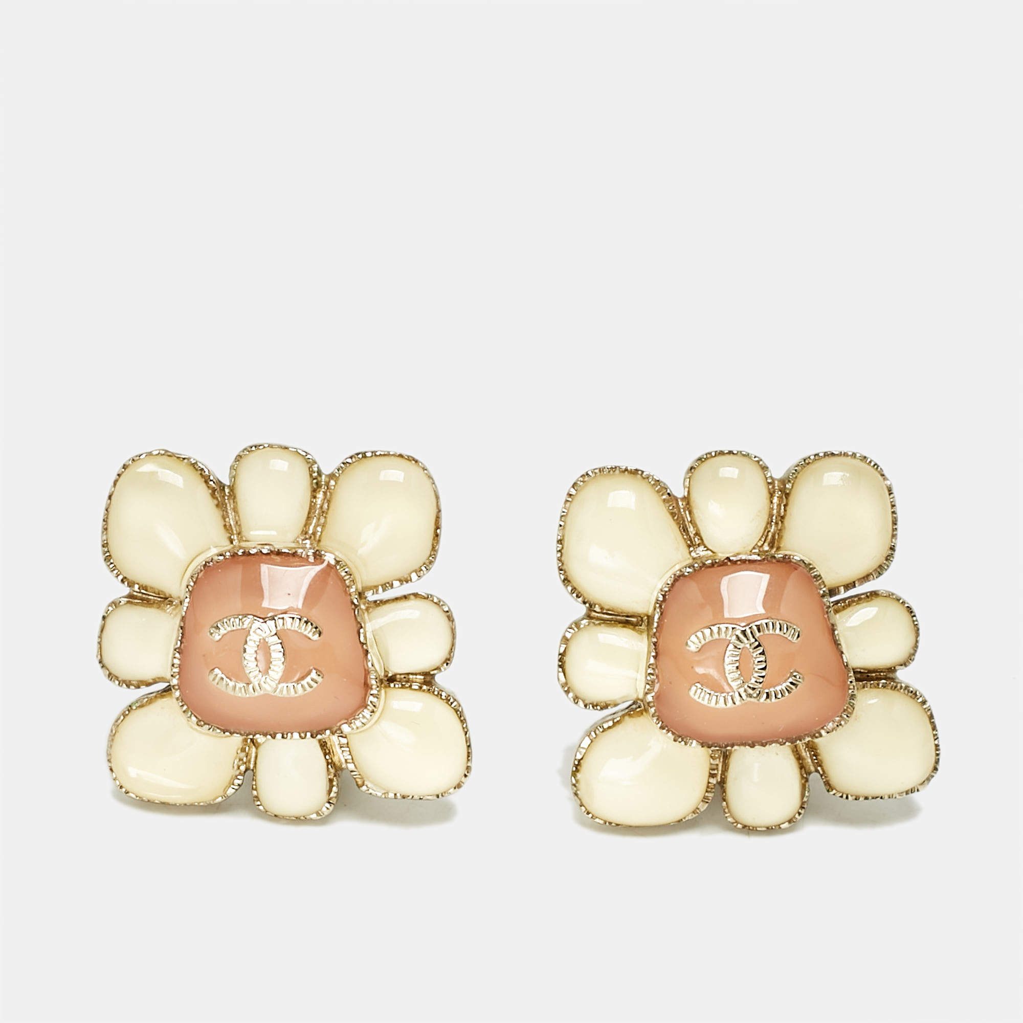 Chanel  CC Enamel Resin Gold Tone Earrings