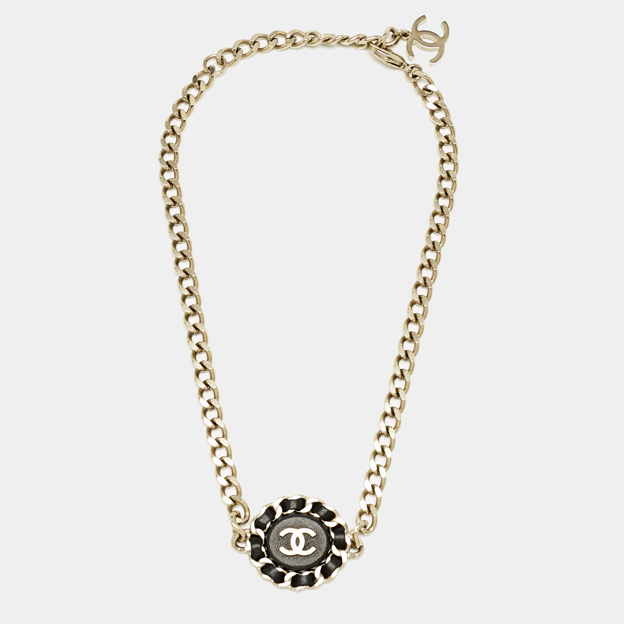Chanel Interlaced CC Medallion Leather Gold Tone Pendant Chain Necklace