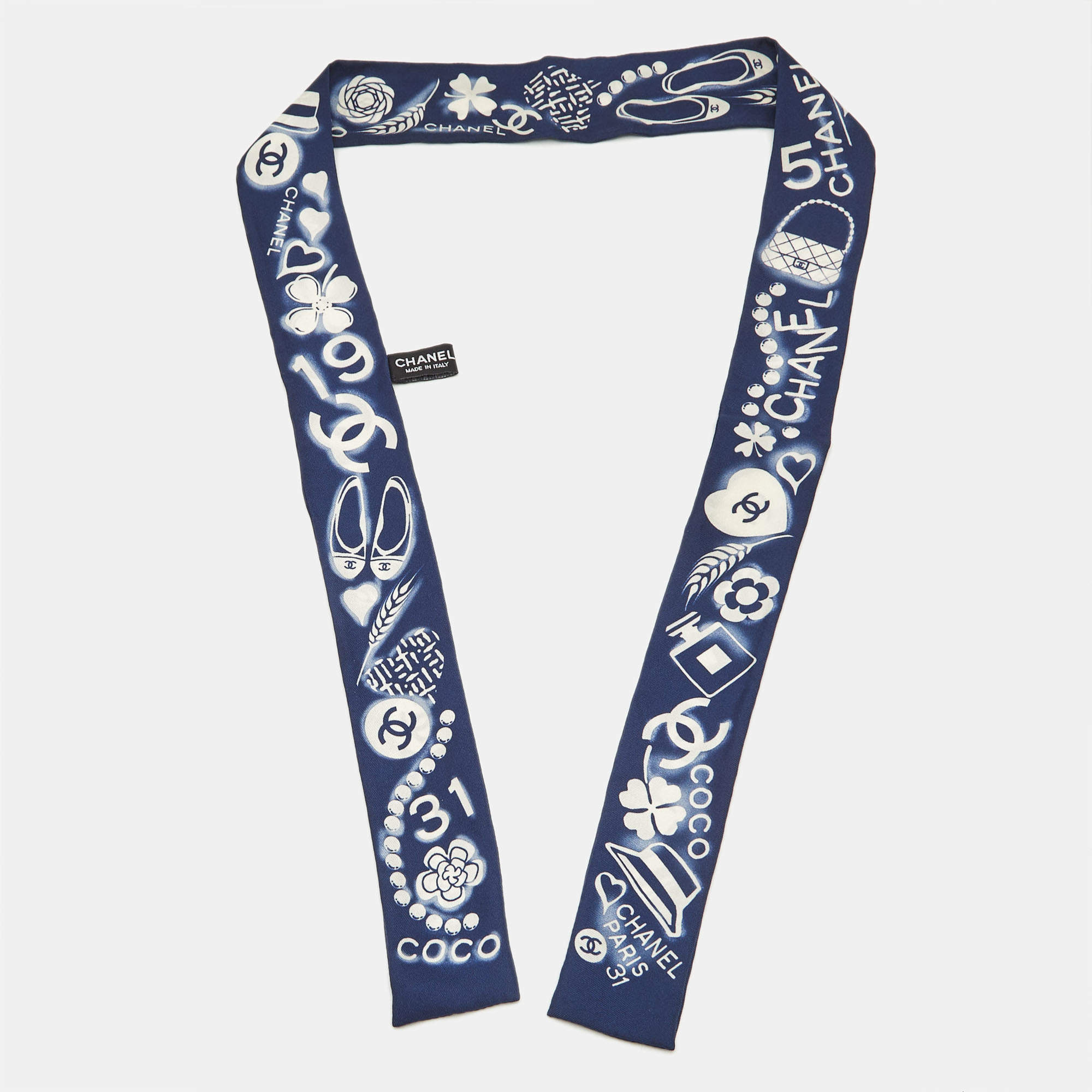 Chanel Dark Blue CC Charms Print Silk Slim Bandeau Scarf