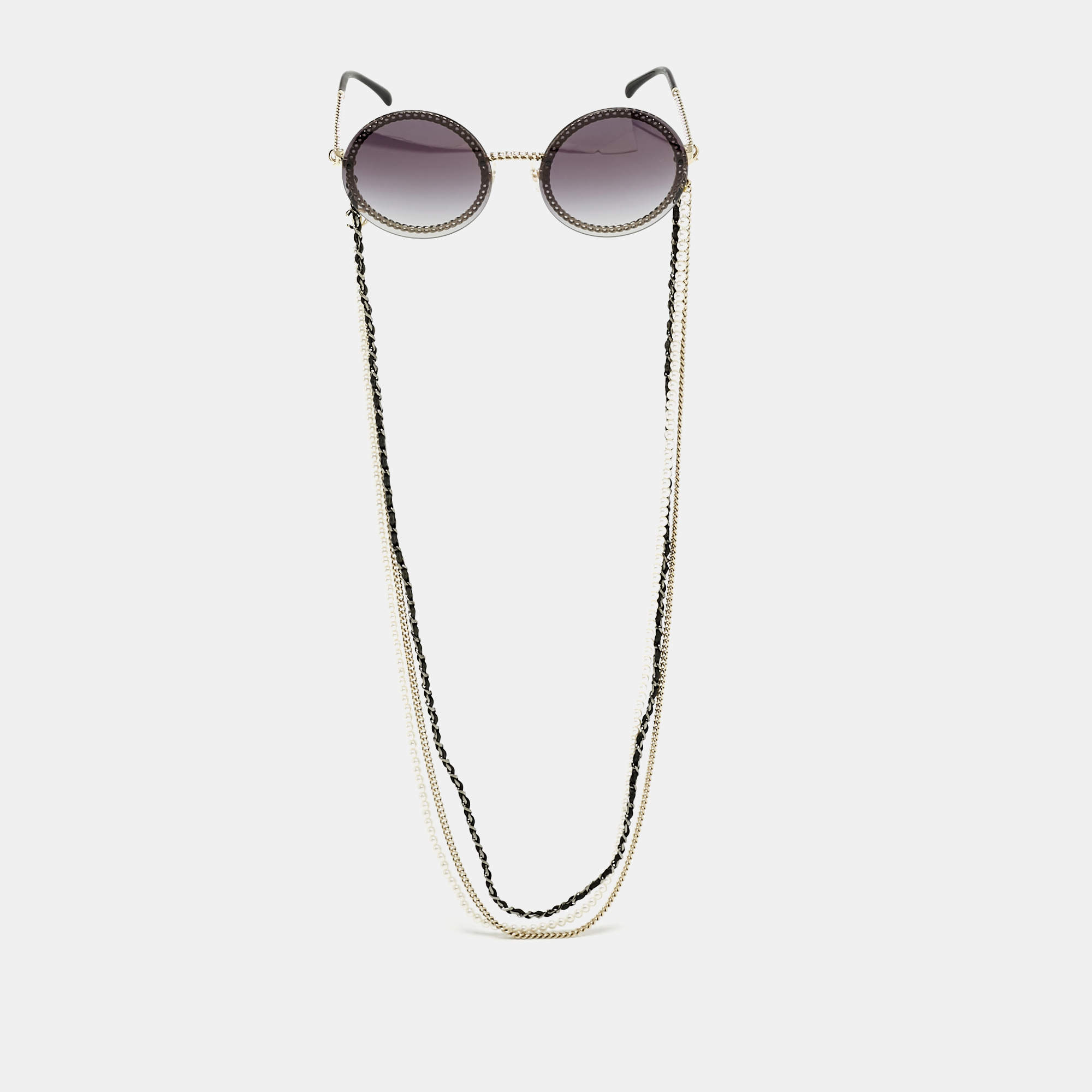 Pre Owned Chanel Gold Tone/Black Gradient 4245 Chain Round Sunglasses