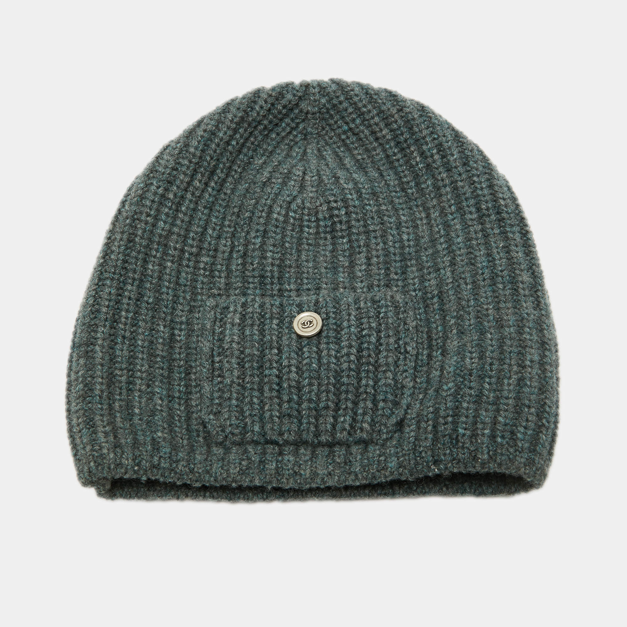 Pre Owned Chanel Grey Rib Knit Pocket Detail Beanie