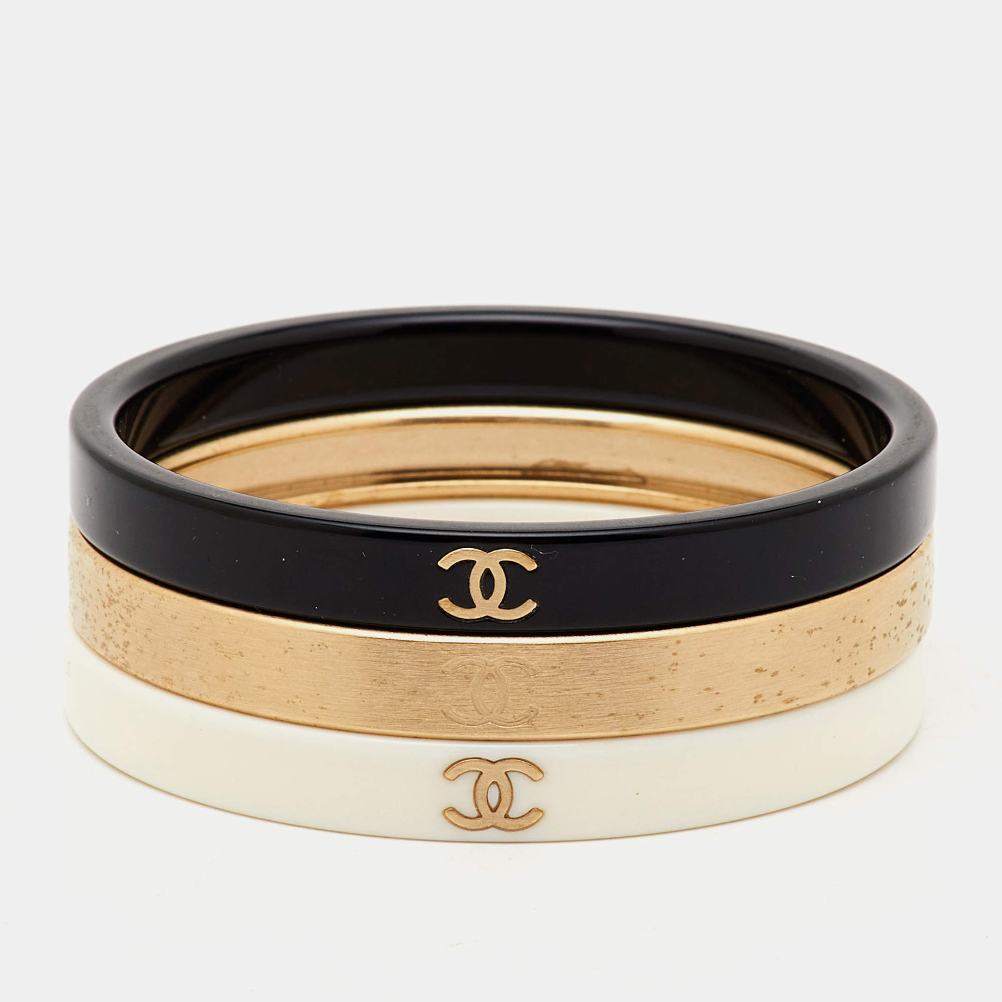 Chanel CC Resin Gold Tone Stacking Bangle Set of 3