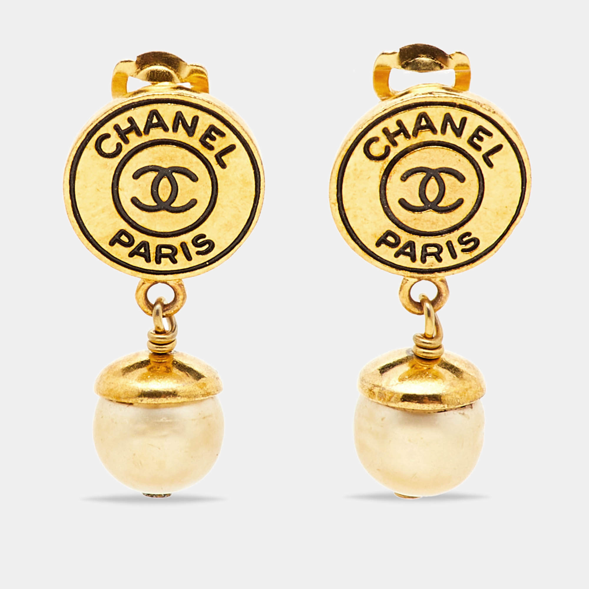 Chanel CC Faux Pearl Gold Tone Drop Clip-on Earrings