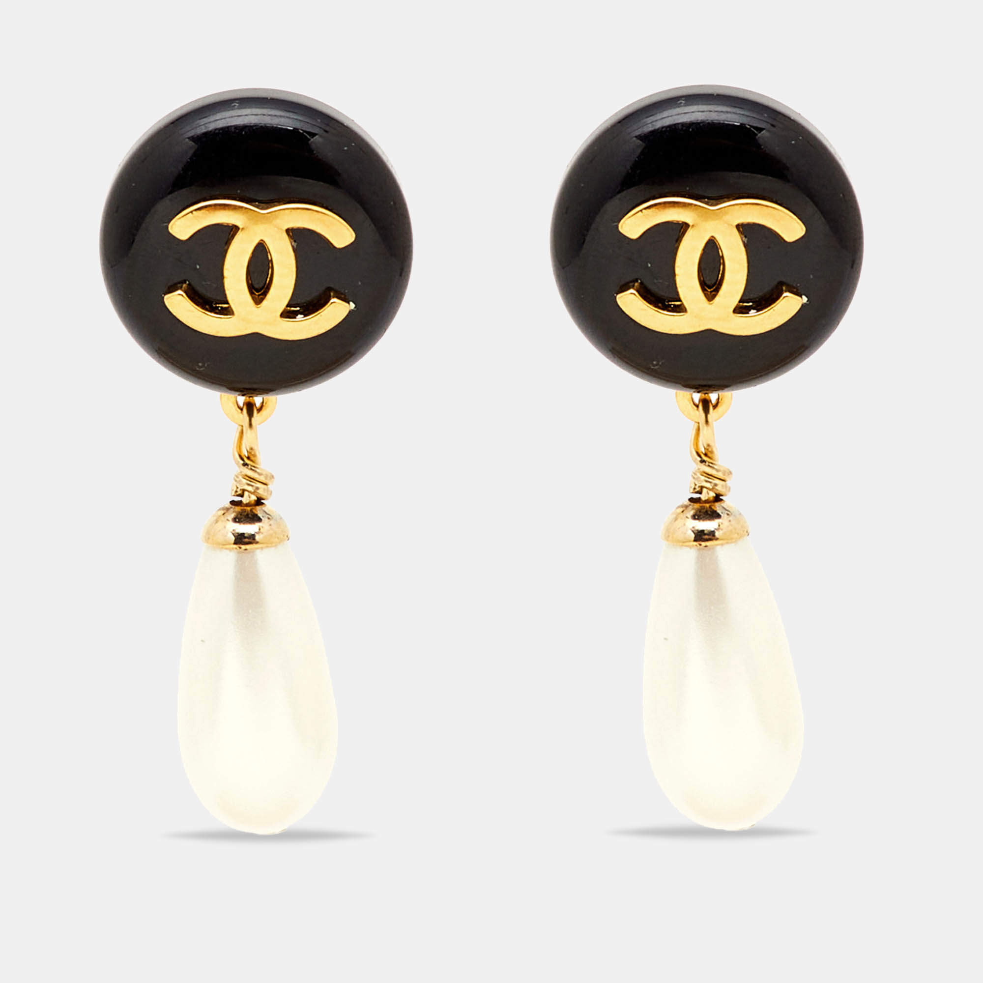 Pre Owned Chanel CC Resin Faux Pearl Gold Tone Drop Earrings