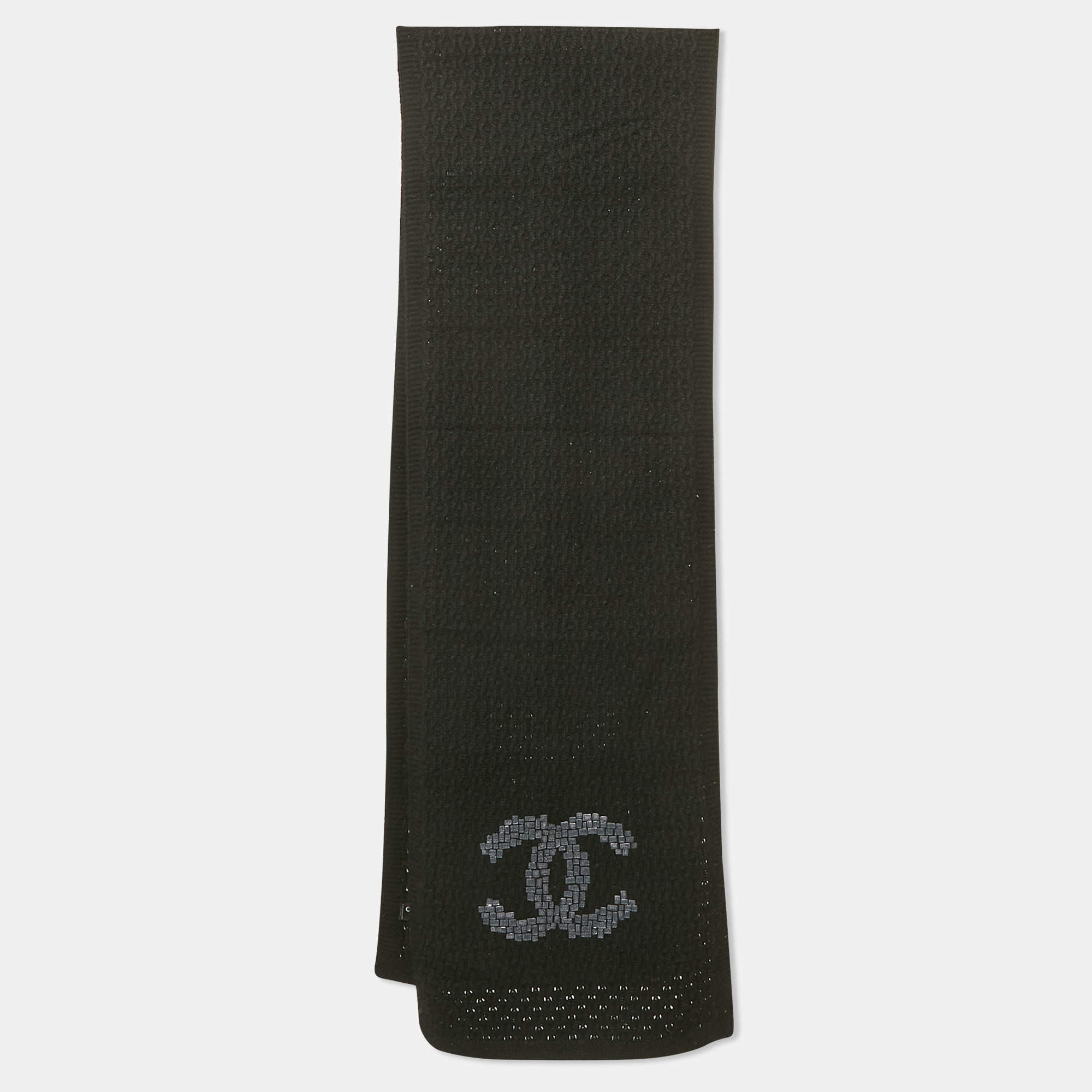 Chanel Black CC Embroidered Cashmere Knit Scarf