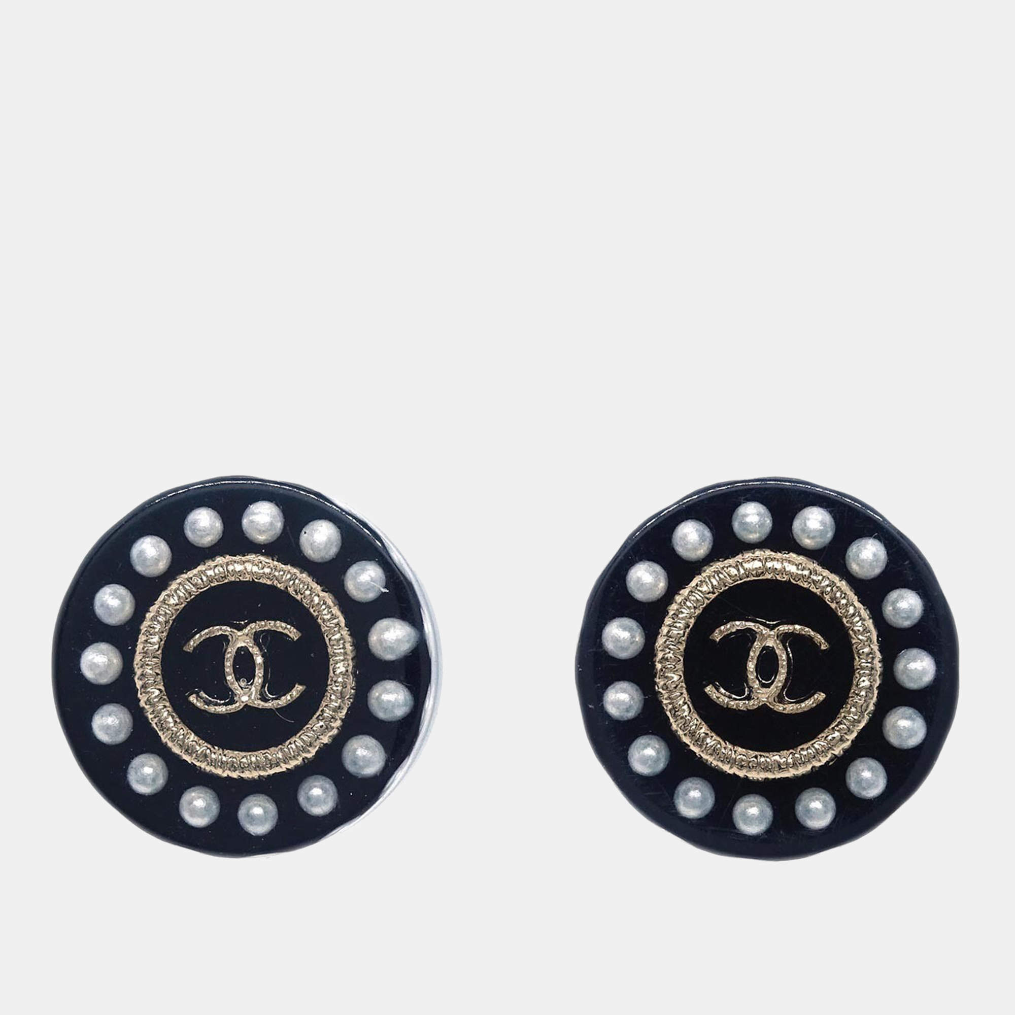 Chanel Black Gold Plated Acrylic Button Piercing Earrings