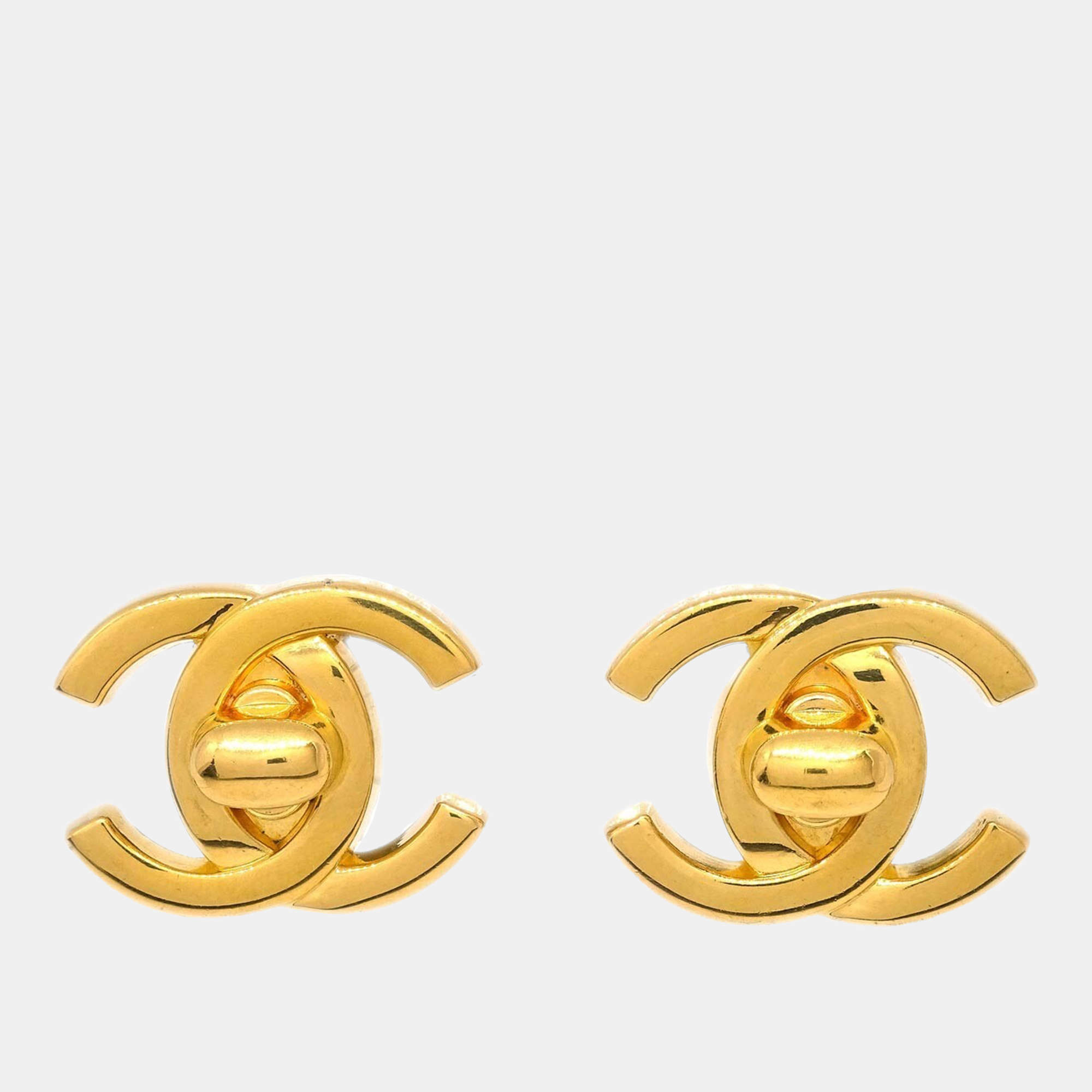 Chanel Gold Plated CC Turnlock Earrings Clip-On 